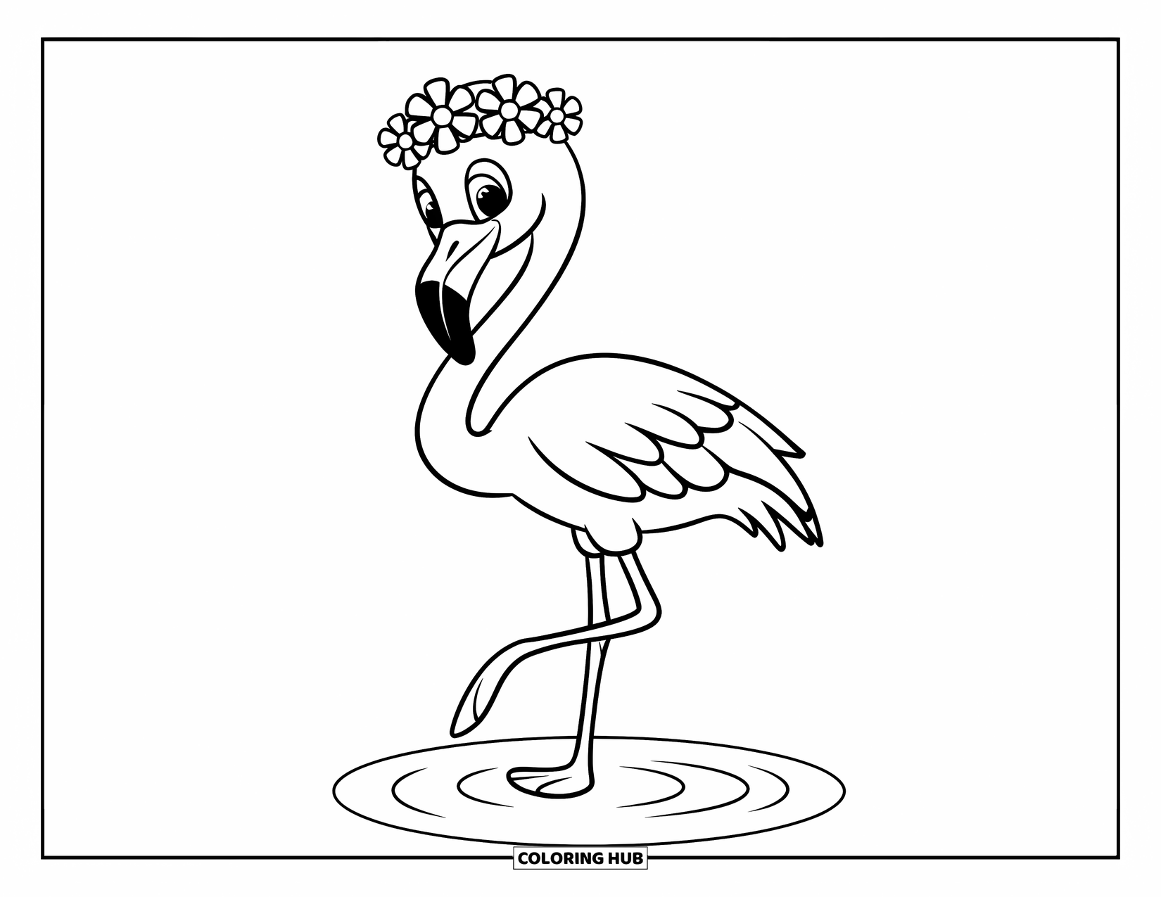 Desenho de flamingo para colorir para crianças: Um flamingo com uma coroa de flores está em uma ondulação de água em um lago sereno