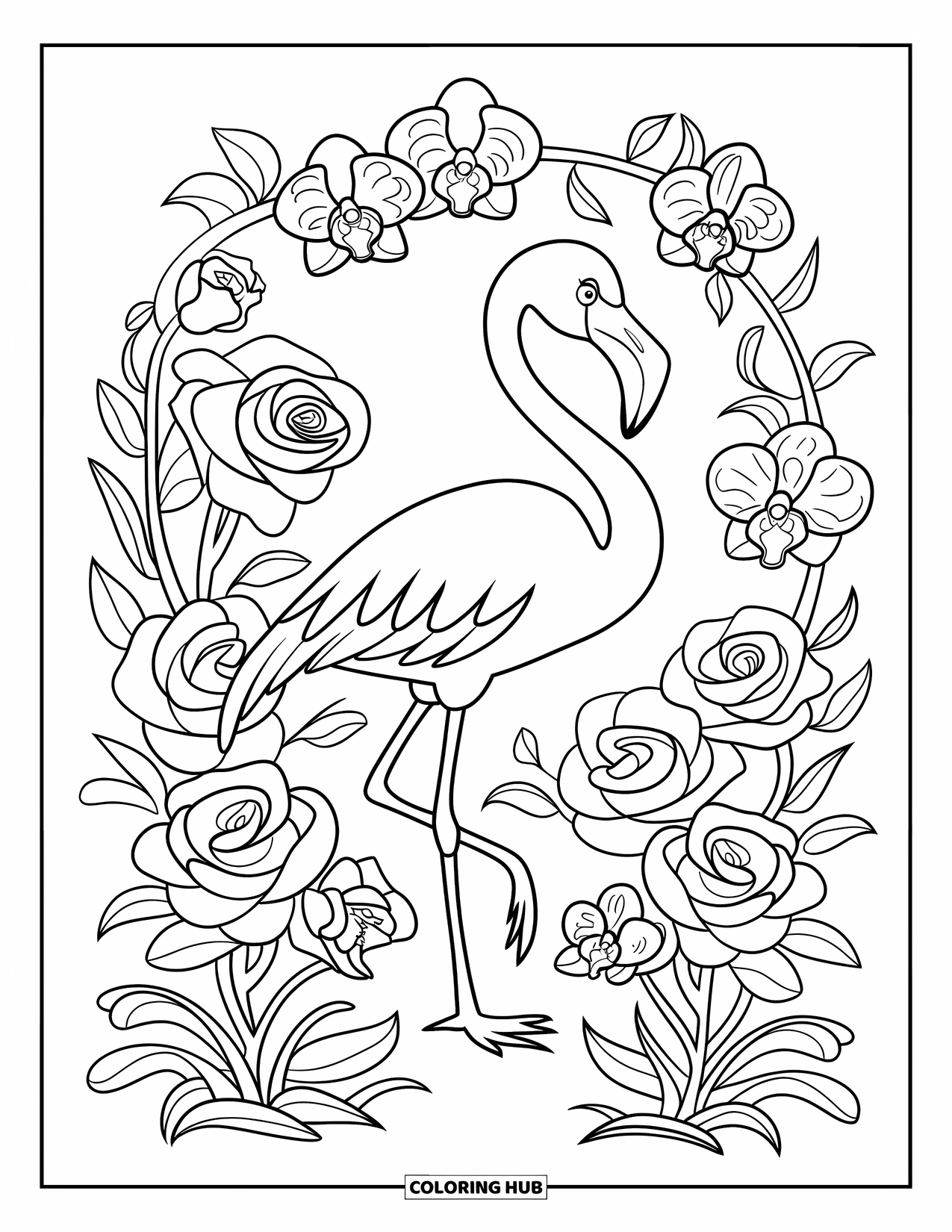 Desenho de flamingo para colorir para crianças: Um flamingo em um jardim está entre rosas e orquídeas