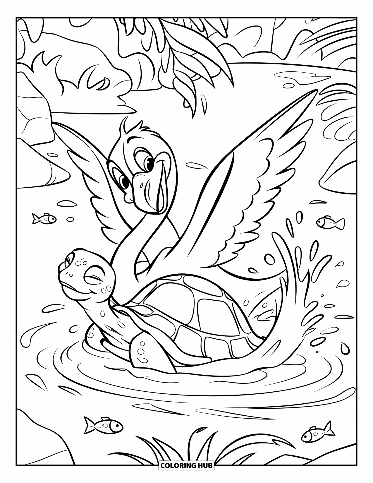 Desenho de flamingo para colorir para crianças: Um flamingo de chapéu espirra água perto de uma tartaruga e peixe