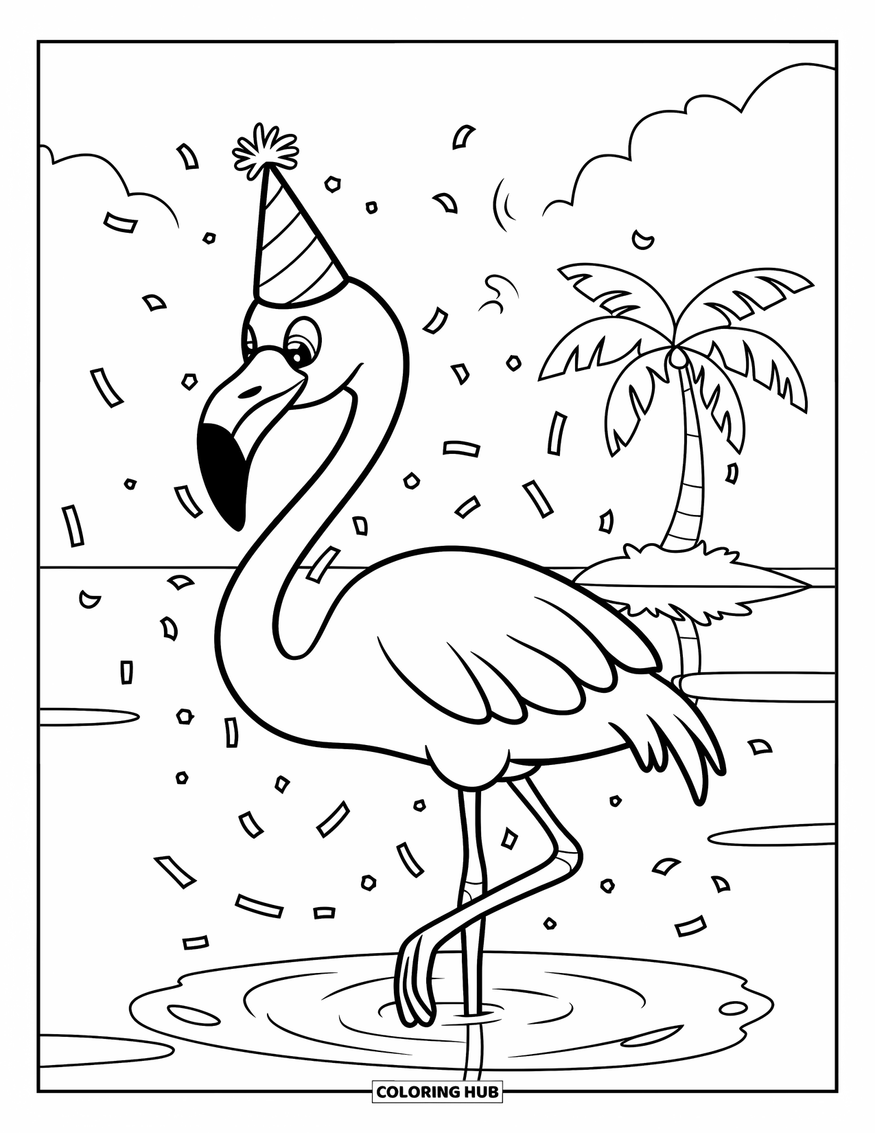Desenho de flamingo para colorir para crianças: Um flamingo com um chapéu de festa está na água com uma ilha atrás