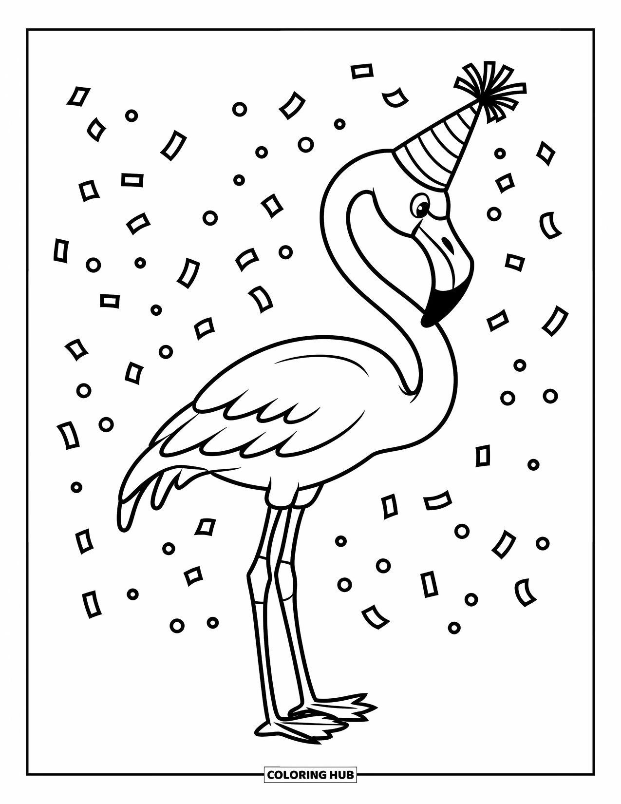 Desenho de flamingo para colorir para crianças: Um flamingo com um chapéu de festa está com confetes ao seu redor