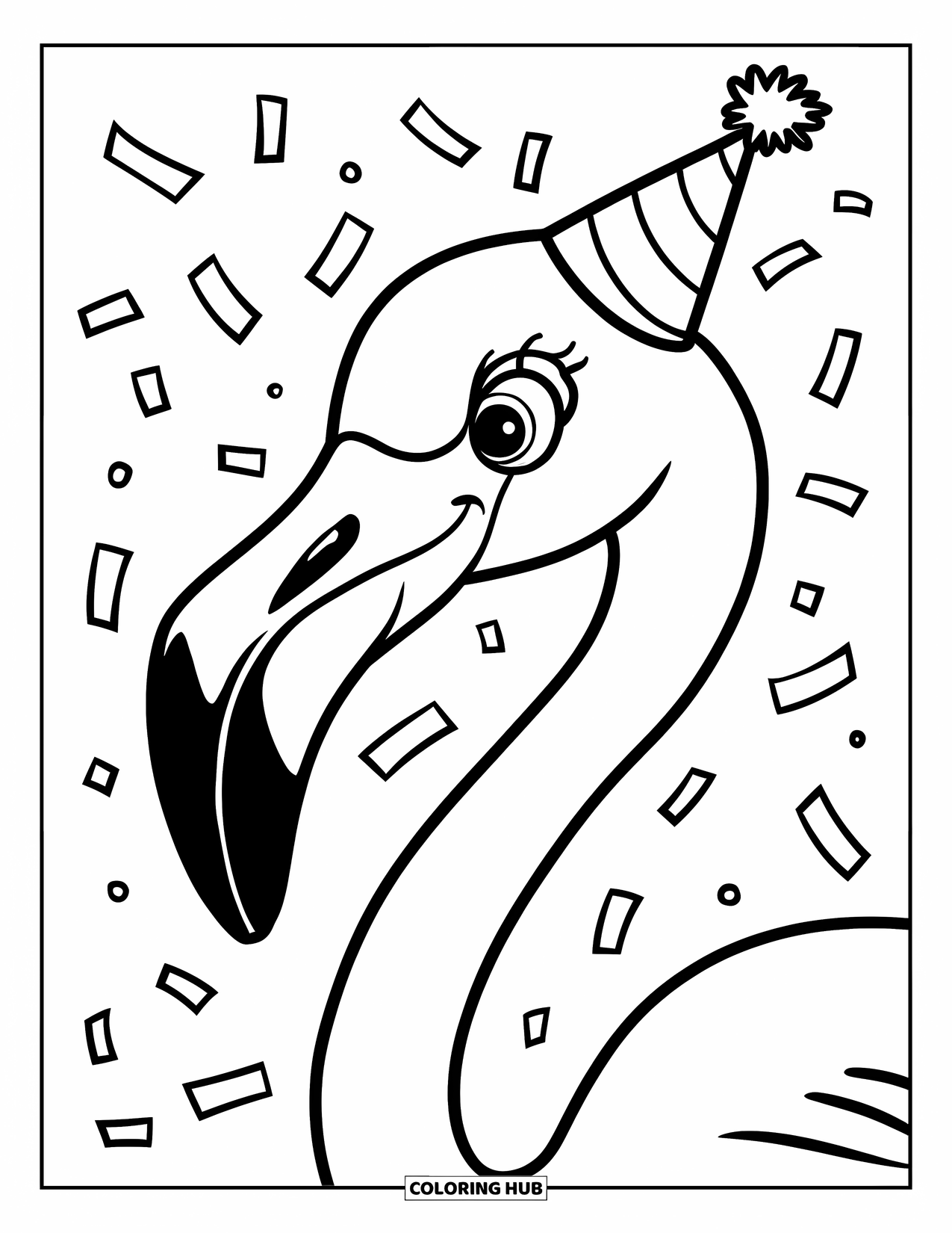 Desenho de flamingo para colorir para crianças: Um flamingo com um chapéu de festa está com confetes em um fundo branco