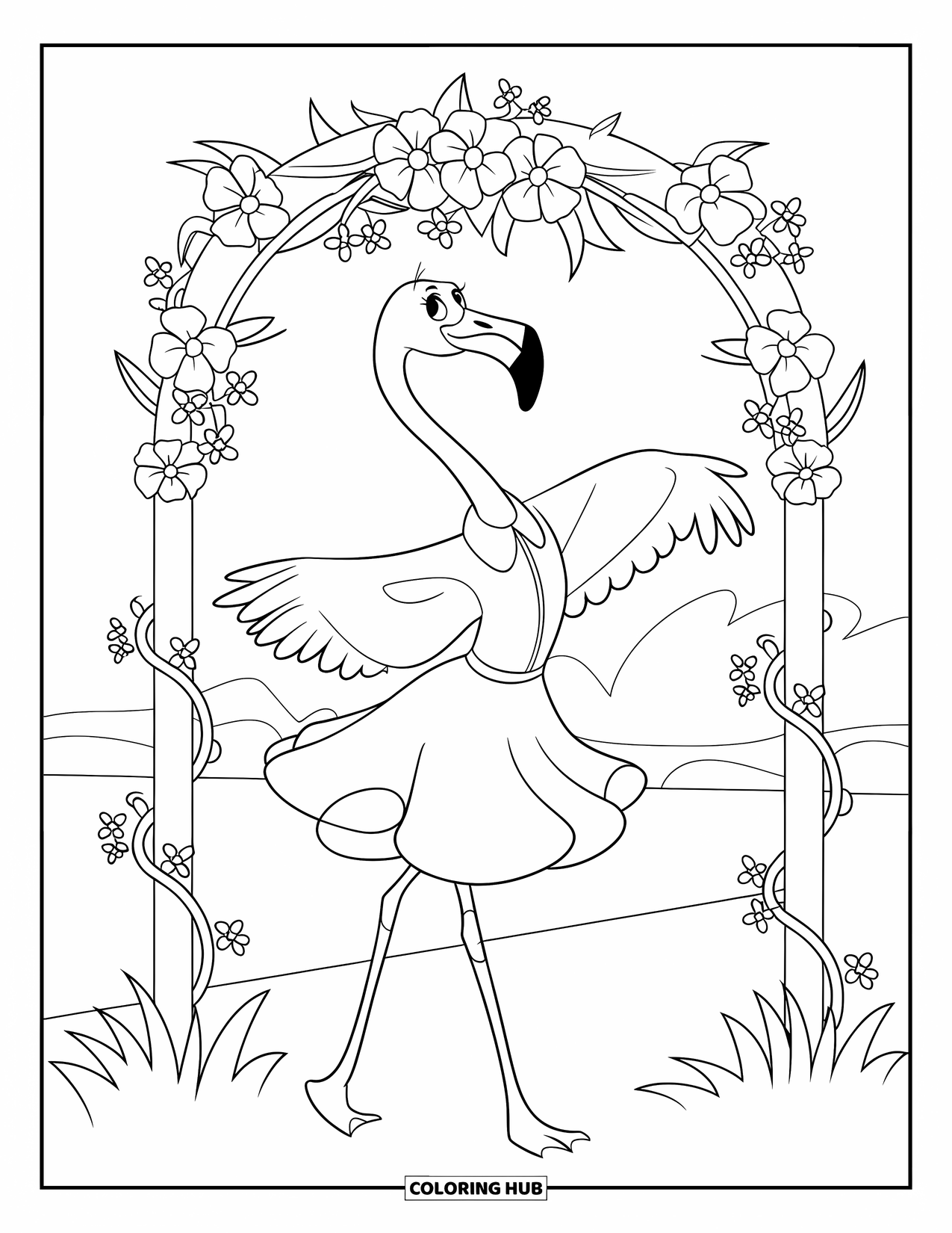 Desenho de flamingo para colorir para crianças: Um flamingo em um vestido rosa gira sob um arco de flores e vinhas