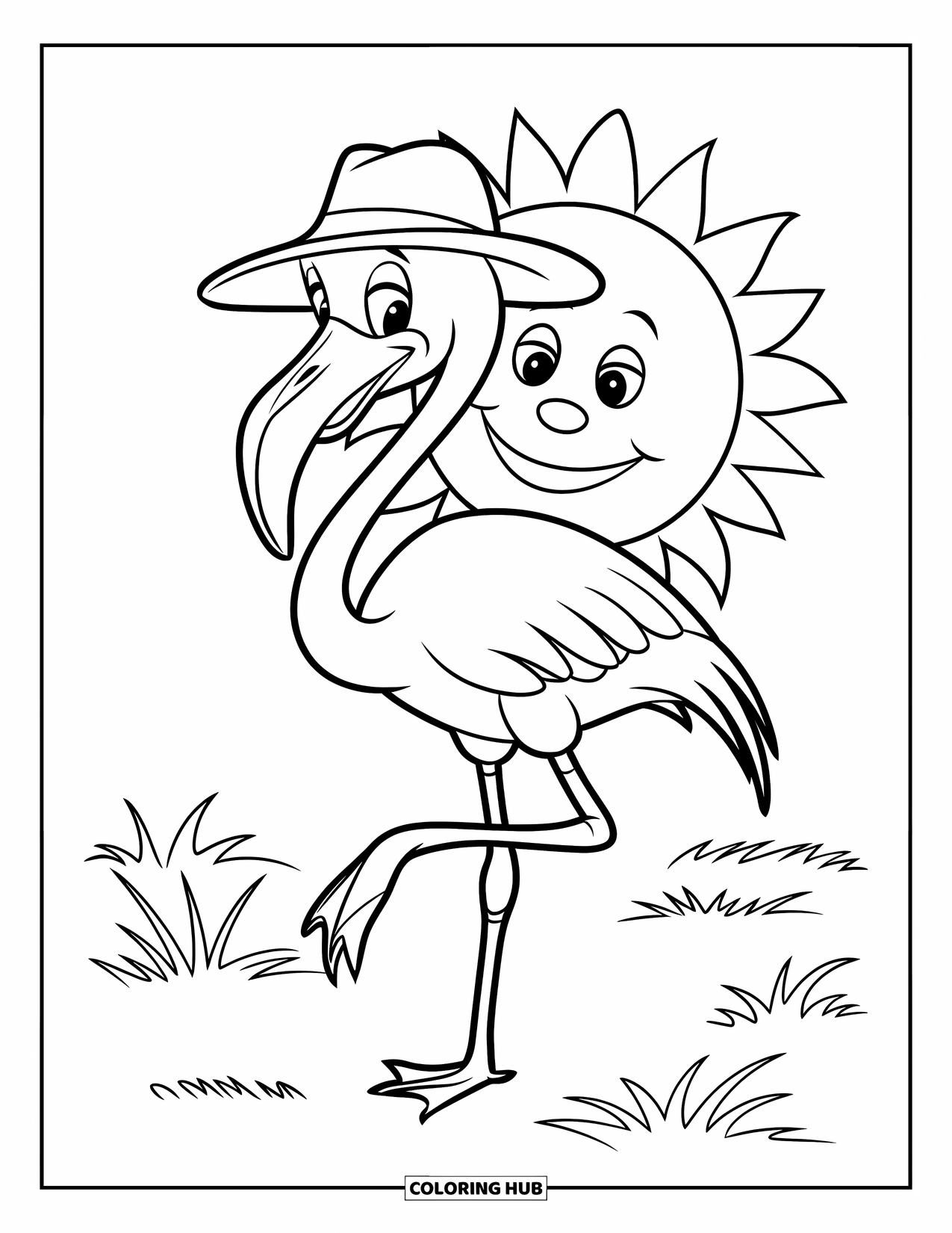 Desenho de flamingo para colorir para crianças: Um flamingo com um chapéu rosa está em uma perna com um sol sorridente e grama