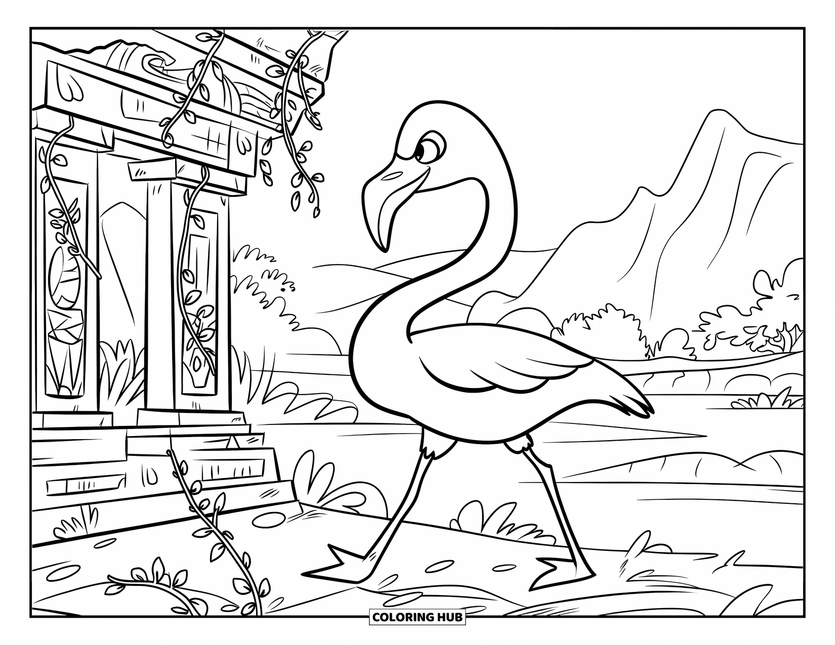 Desenho de flamingo para colorir para crianças: Um flamingo com camisa e cinto explora ruínas cobertas de vinhas perto de uma paisagem serena