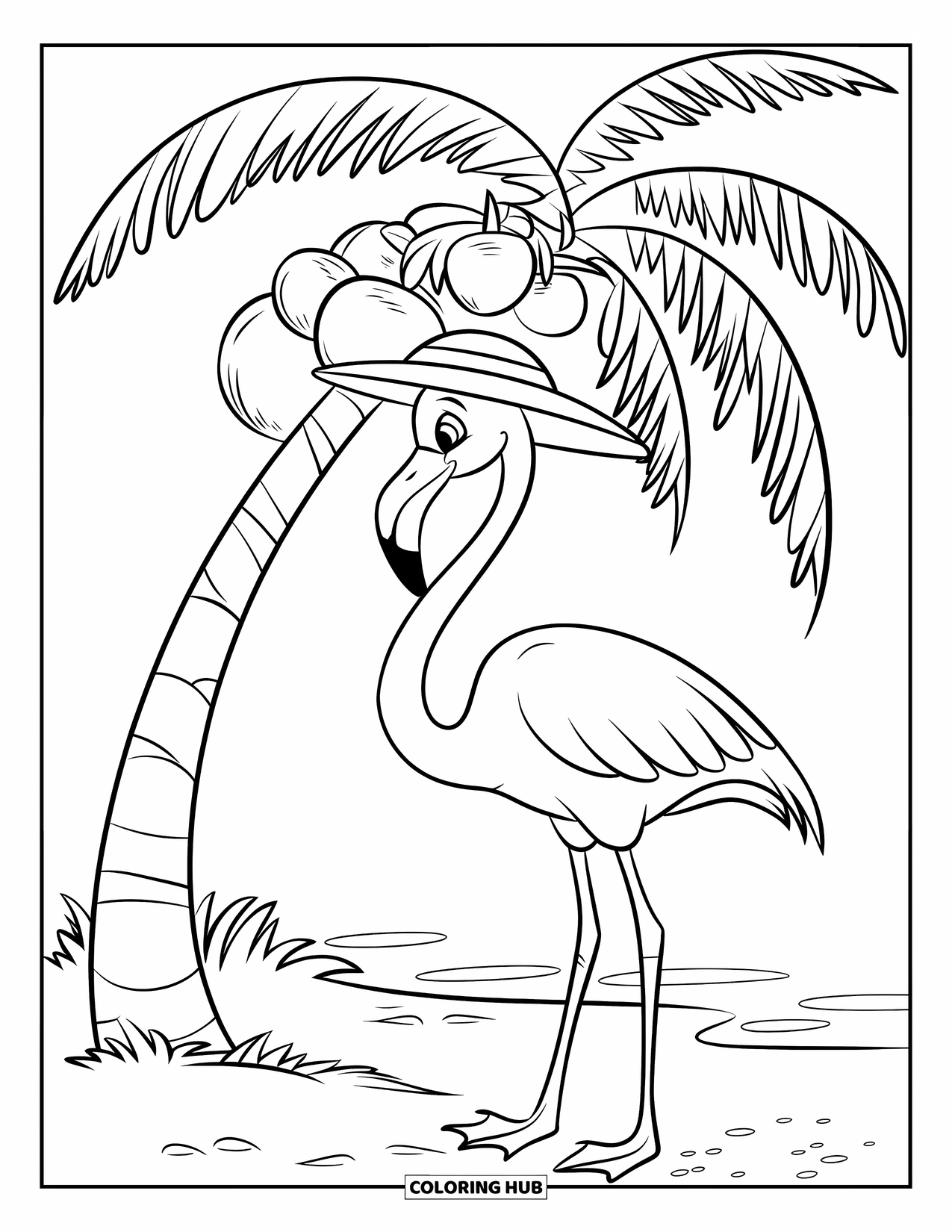 Desenho de flamingo para colorir para crianças: Um flamingo com um chapéu de palha está perto de um coqueiro em uma praia de areia