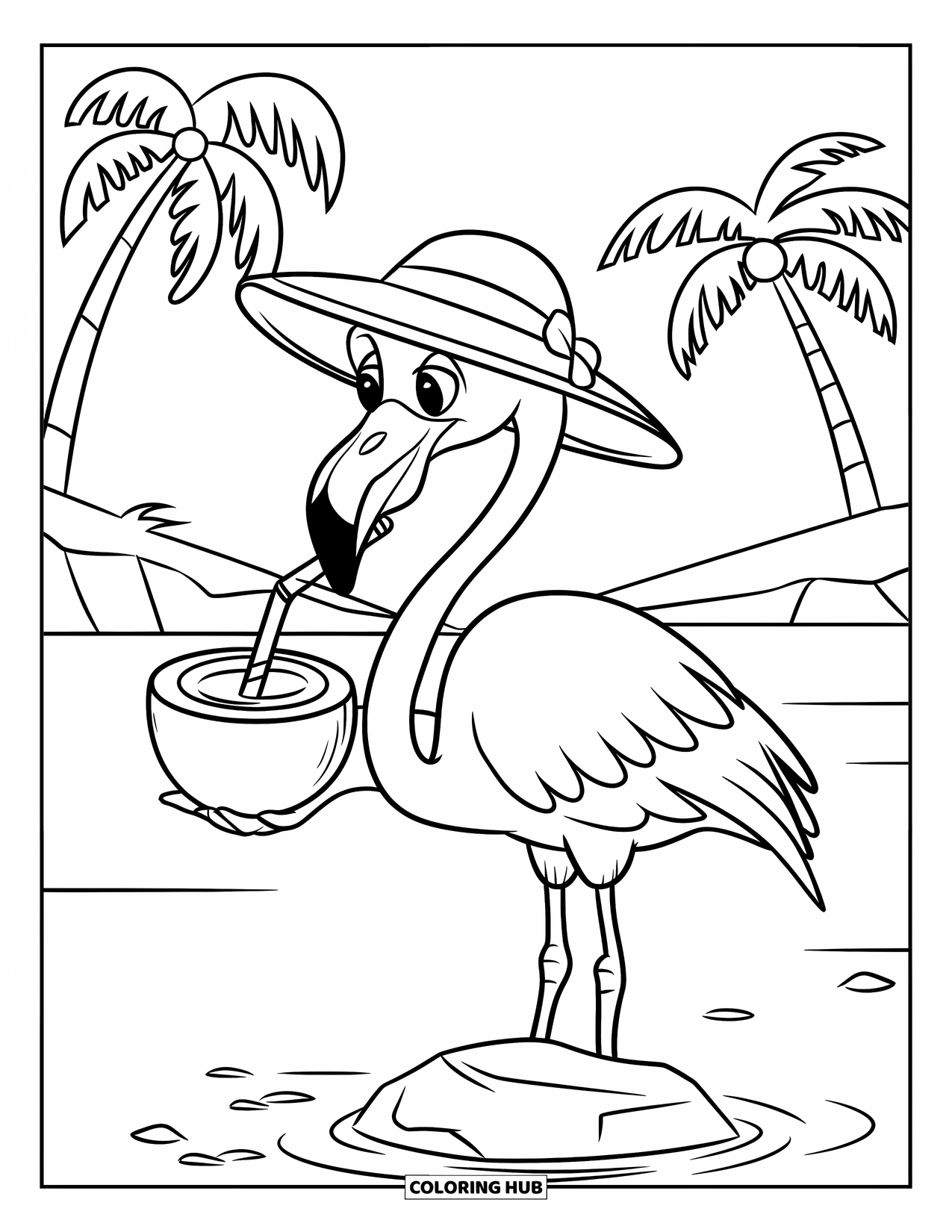 Desenho de flamingo para colorir para crianças: Um flamingo com um chapéu de sol bebe um coco enquanto está em uma pedra perto da água