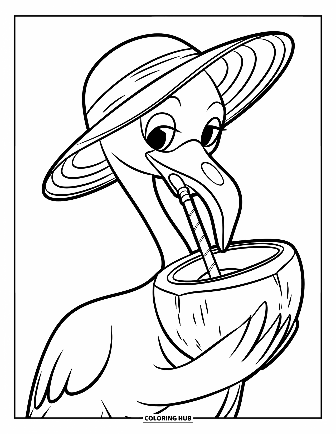 Desenho de flamingo para colorir para crianças: Um flamingo com um chapéu de sol bebe de um coco com um canudo