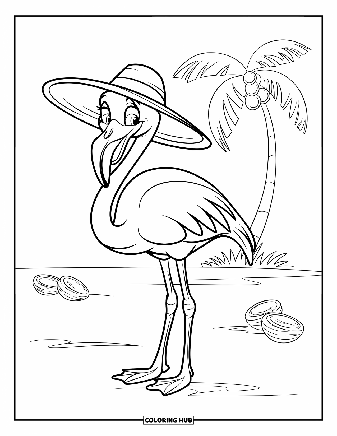 Desenho de flamingo para colorir para crianças: Um flamingo com um chapéu de sol sorri perto de uma palmeira em um fundo claro