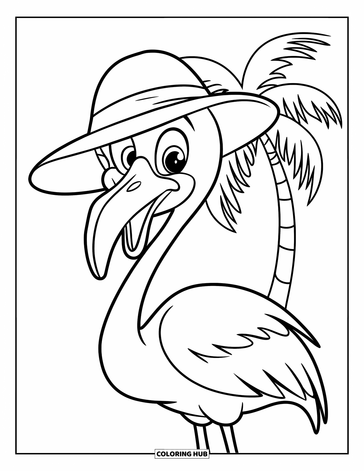 Desenho de flamingo para colorir para crianças: Um flamingo com um chapéu de sol está perto de uma palmeira em uma praia de areia branca