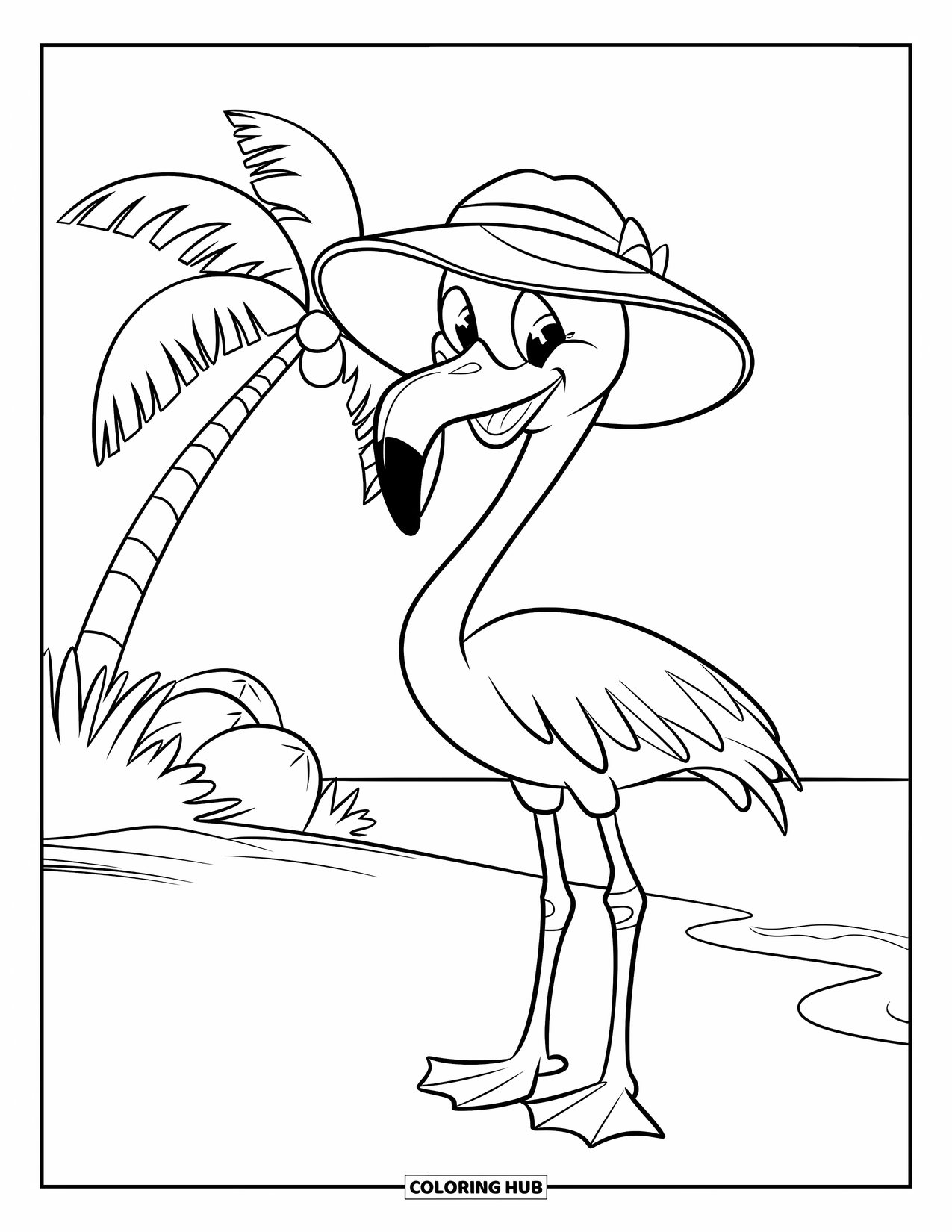 Desenho de flamingo para colorir para crianças: Um flamingo com um chapéu de sol está perto de uma palmeira com cocos