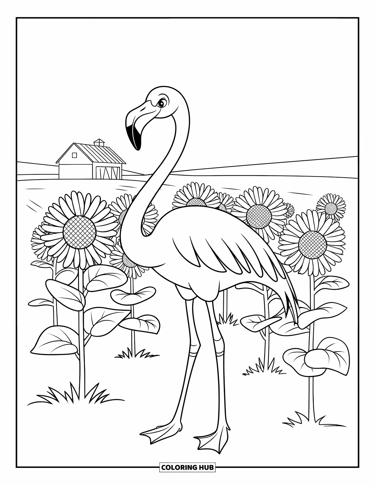Desenho de flamingo para colorir para crianças: Um flamingo em girassóis está perto de um celeiro sob um céu claro