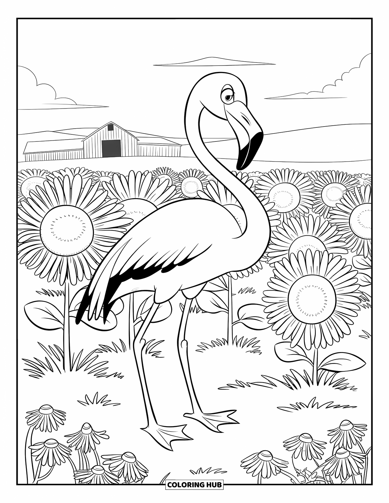Desenho de flamingo para colorir para crianças: Um flamingo em girassóis estica o pescoço com um celeiro ao fundo