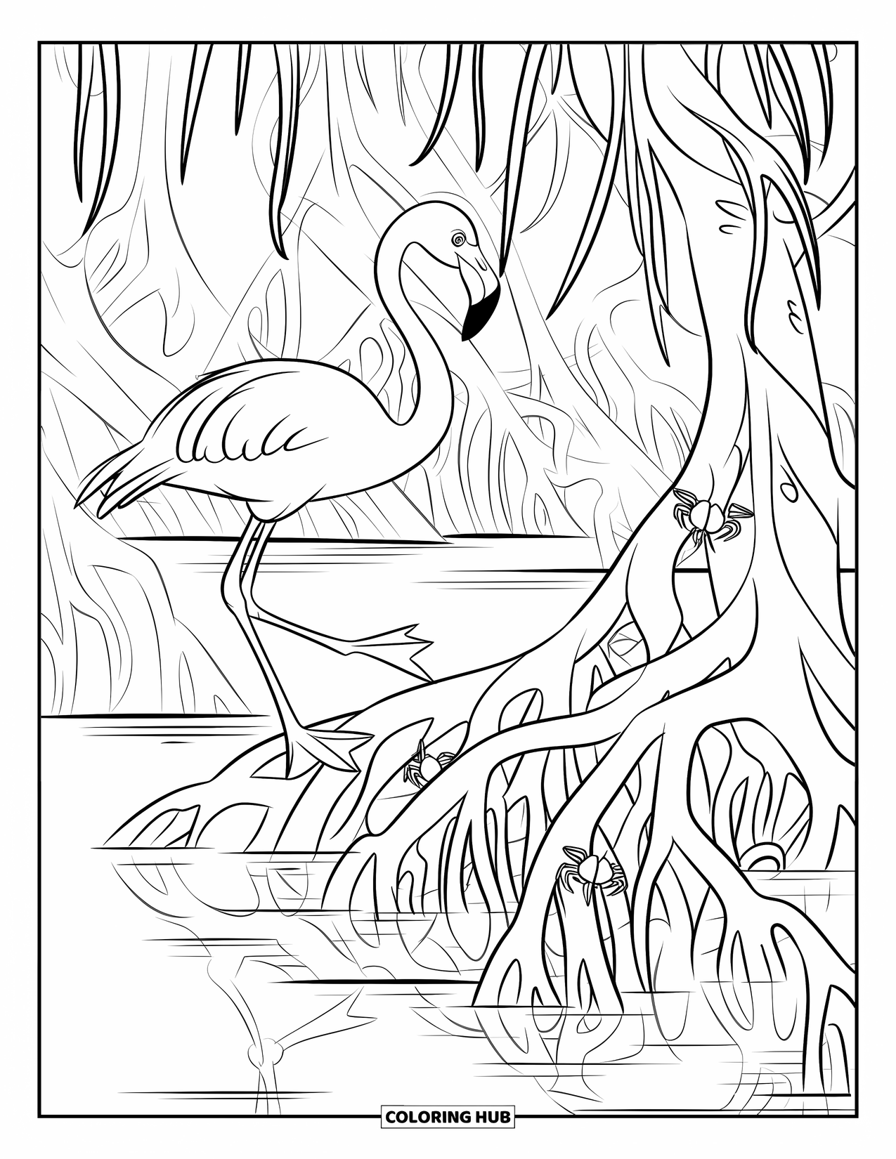Desenho de flamingo para colorir para crianças: Um flamingo navega pelas raízes do mangue com caranguejos perto de uma superfície de água reflexiva