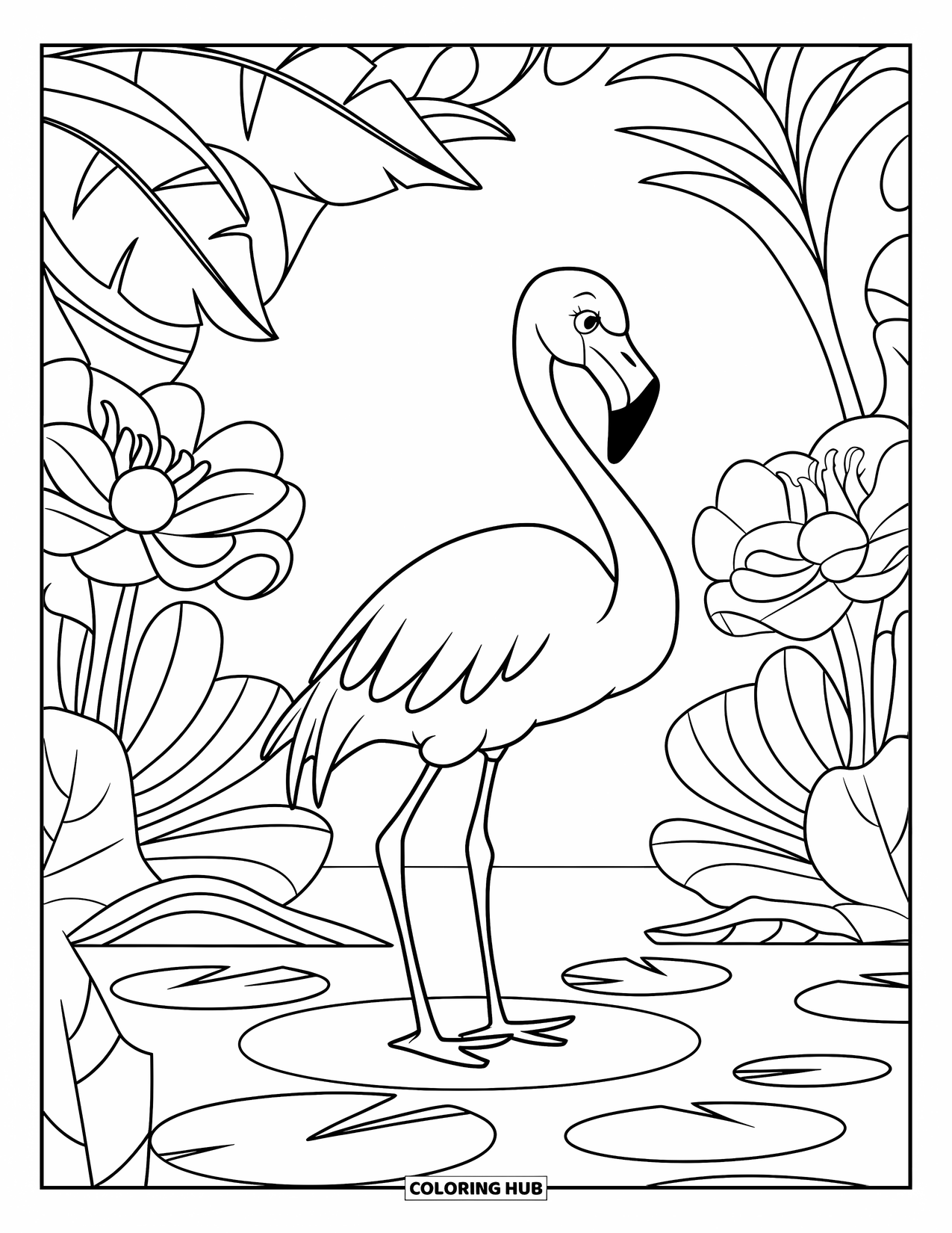 Desenho de flamingo para colorir para crianças: Um flamingo em um nenúfar está entre grandes flores e folhas