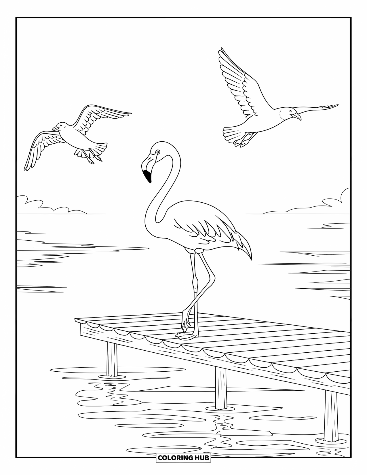 Desenho de flamingo para colorir para crianças: Um flamingo em um píer está com gaivotas voando sobre a cabeça