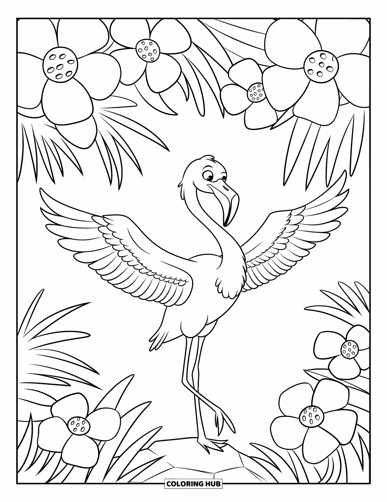 Desenho de flamingo para colorir para crianças: Um flamingo em uma pedra abre suas asas sob grandes flores tropicais