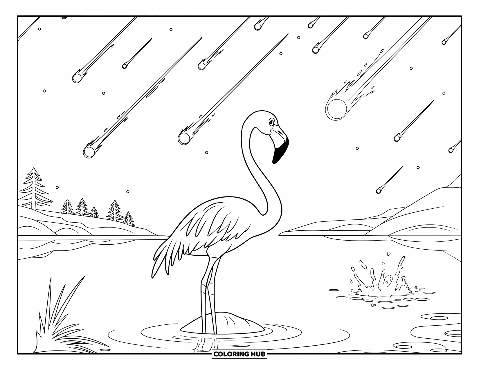 Desenho de flamingo para colorir para crianças: Um flamingo em uma pedra observa uma chuva de meteoros acima de águas calmas e montanhas