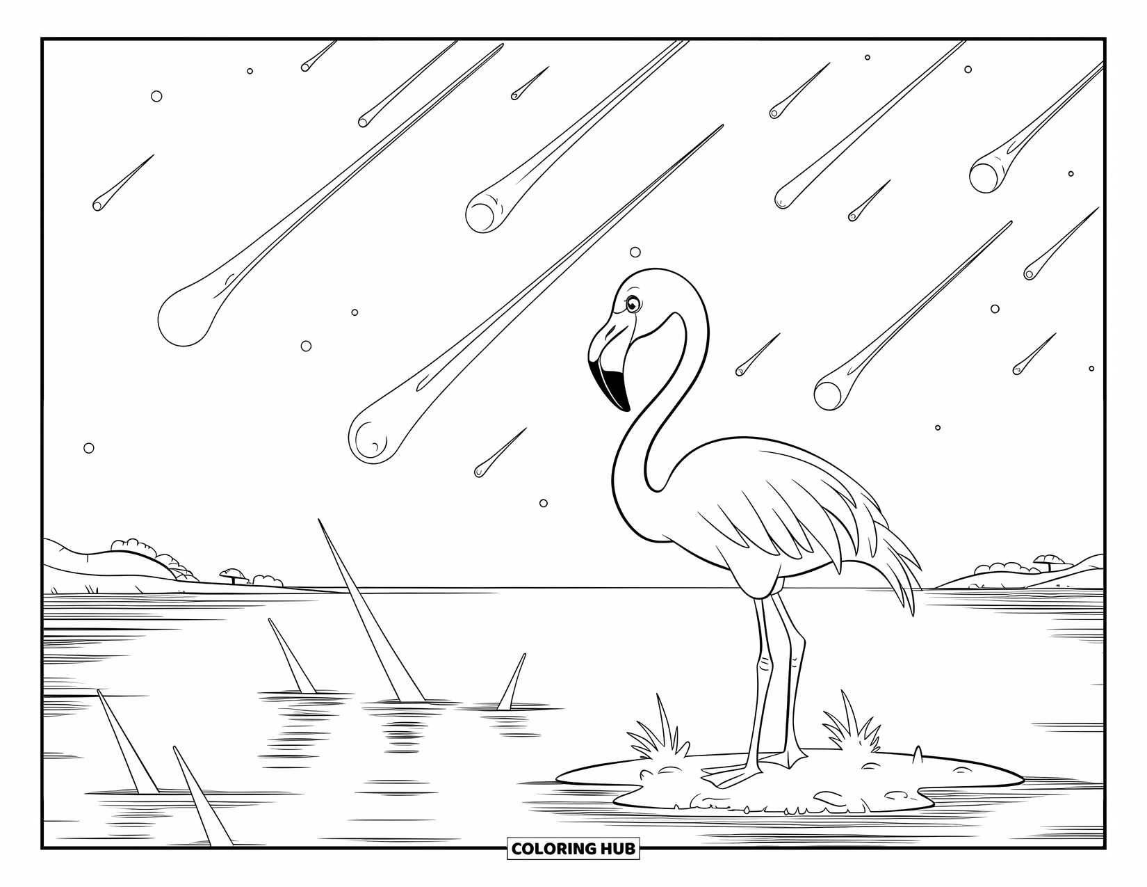 Desenho de flamingo para colorir para crianças: Um flamingo em uma ilha observa meteoros sobre águas calmas e um horizonte distante