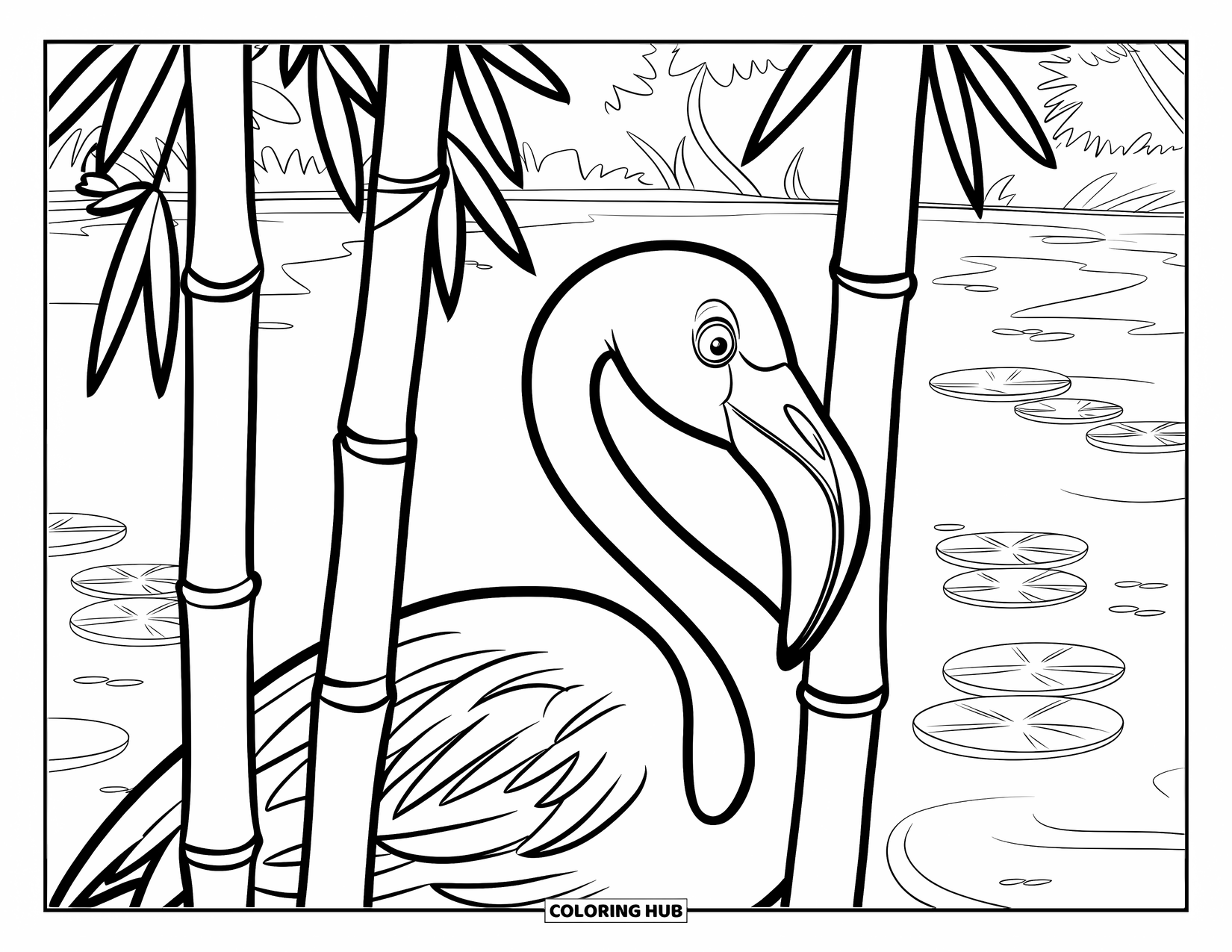 Desenho de flamingo para colorir para crianças: Um flamingo espreita através de bambu perto de um lago com patos e nenúfares