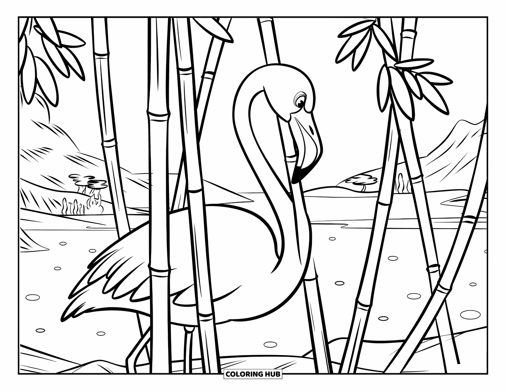 Desenho de flamingo para colorir para crianças: Um flamingo espreita através do bambu perto de um lago com nenúfares