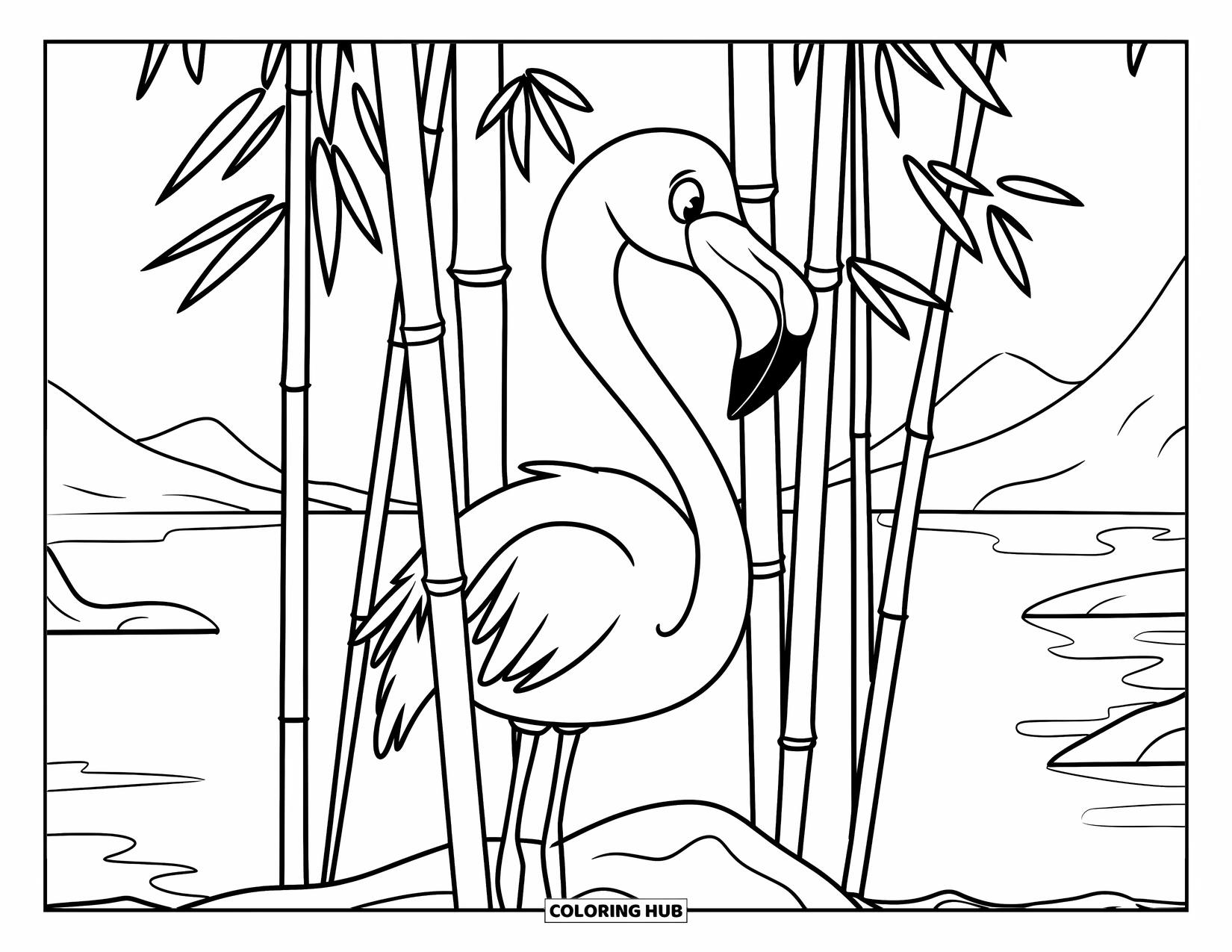 Desenho de flamingo para colorir para crianças: Um flamingo espreita através de talos de bambu em uma rocha perto de uma paisagem serena