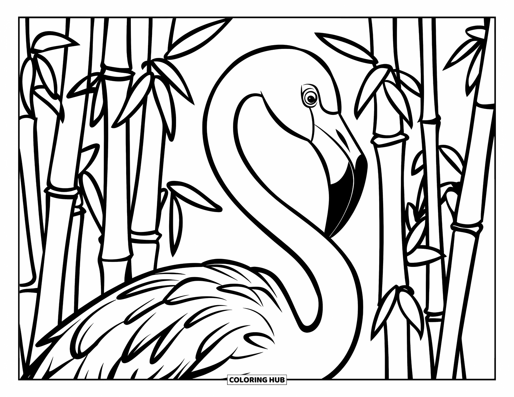 Desenho de flamingo para colorir para crianças: Um flamingo espreita através do bambu cercado por folhas e águas calmas