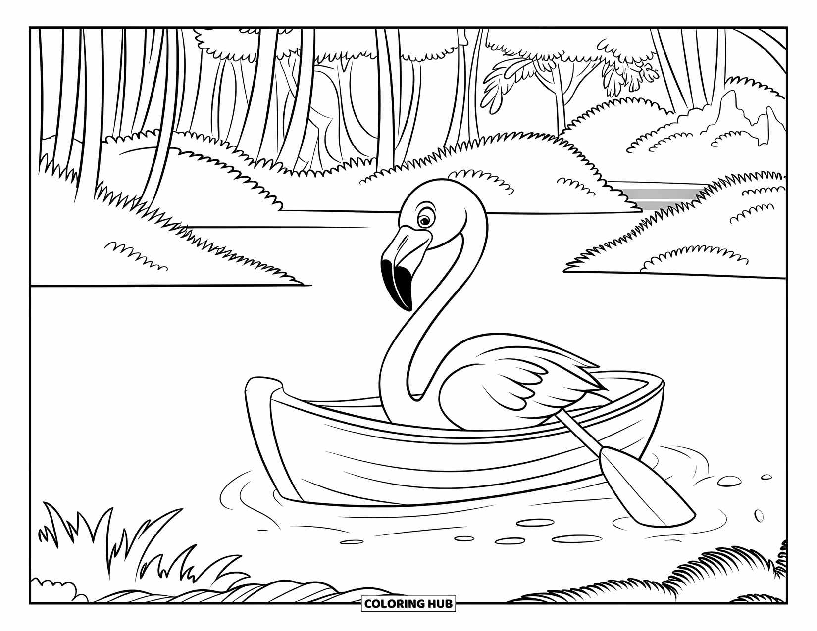 Desenho de flamingo para colorir para crianças: Um flamingo está sentado em um pequeno barco com remos em águas calmas