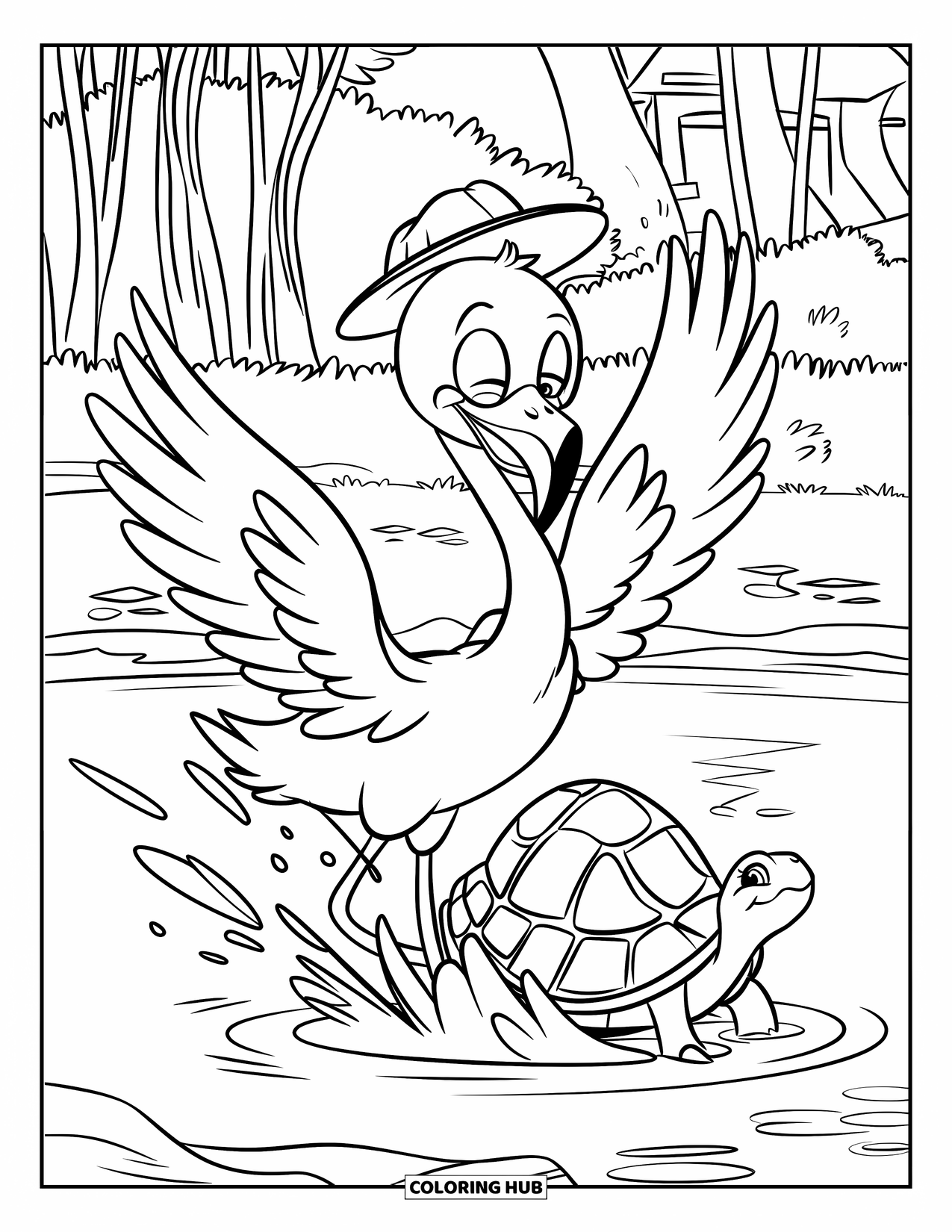 Desenho de flamingo para colorir para crianças: Um flamingo espirra água perto de uma tartaruga em um lago raso com árvores