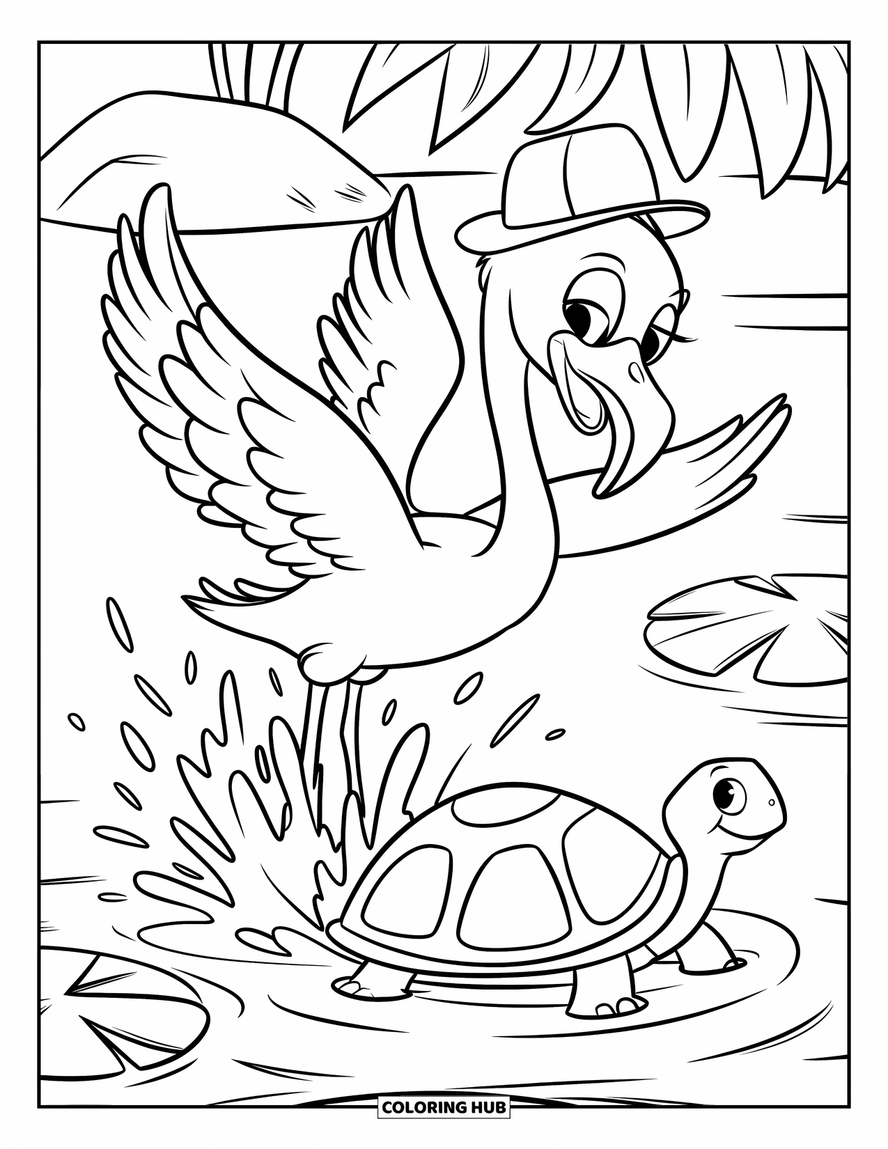 Desenho de flamingo para colorir para crianças: Um flamingo espirra água com suas asas perto de uma tartaruga em um lago