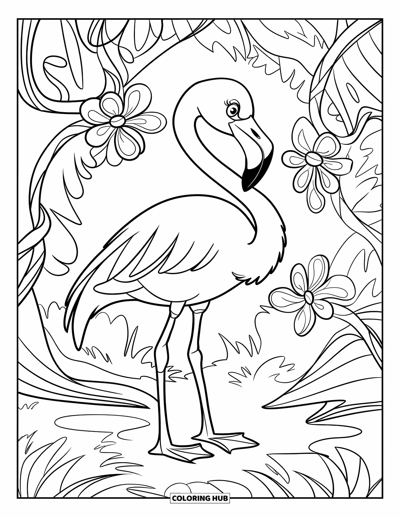 Desenho de flamingo para colorir para crianças: Um flamingo está entre vinhas retorcidas e flores exóticas em uma floresta exuberante