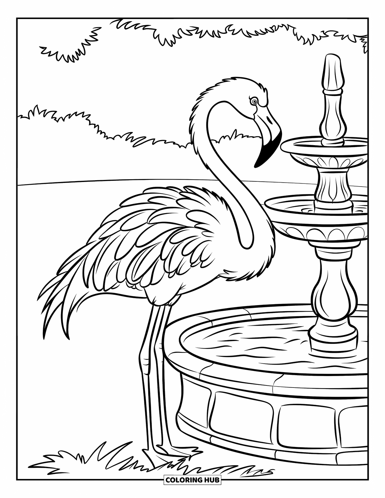 Desenho de flamingo para colorir para crianças: Um flamingo está perto de uma fonte de pedra clássica em uma paisagem verde