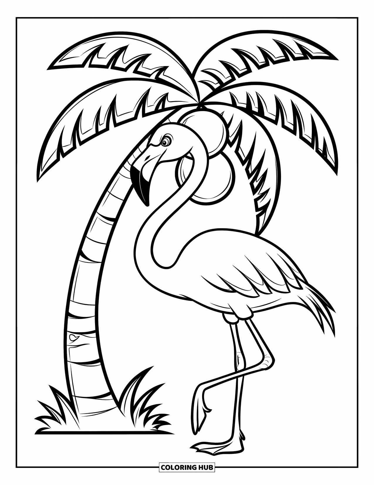 Desenho de flamingo para colorir para crianças: Um flamingo está perto de um coqueiro com alguns cocos pendurados