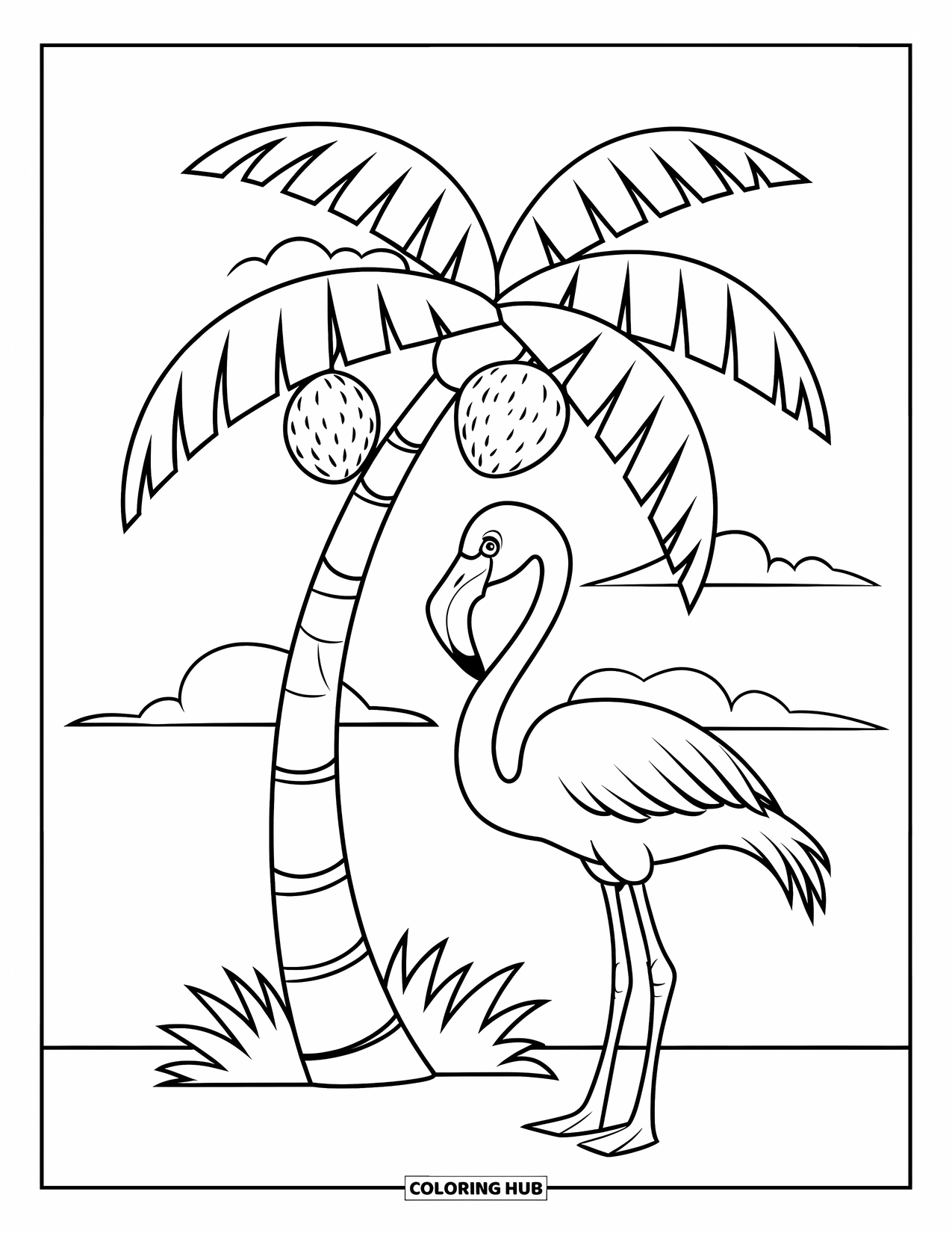 Desenho de flamingo para colorir para crianças: Um flamingo está perto de um coqueiro com folhas grandes e nuvens fofas