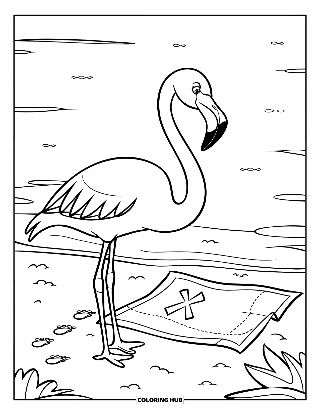 Desenho de flamingo para colorir para crianças: Um flamingo está perto de um mapa com pegadas que levam a um baú de tesouro