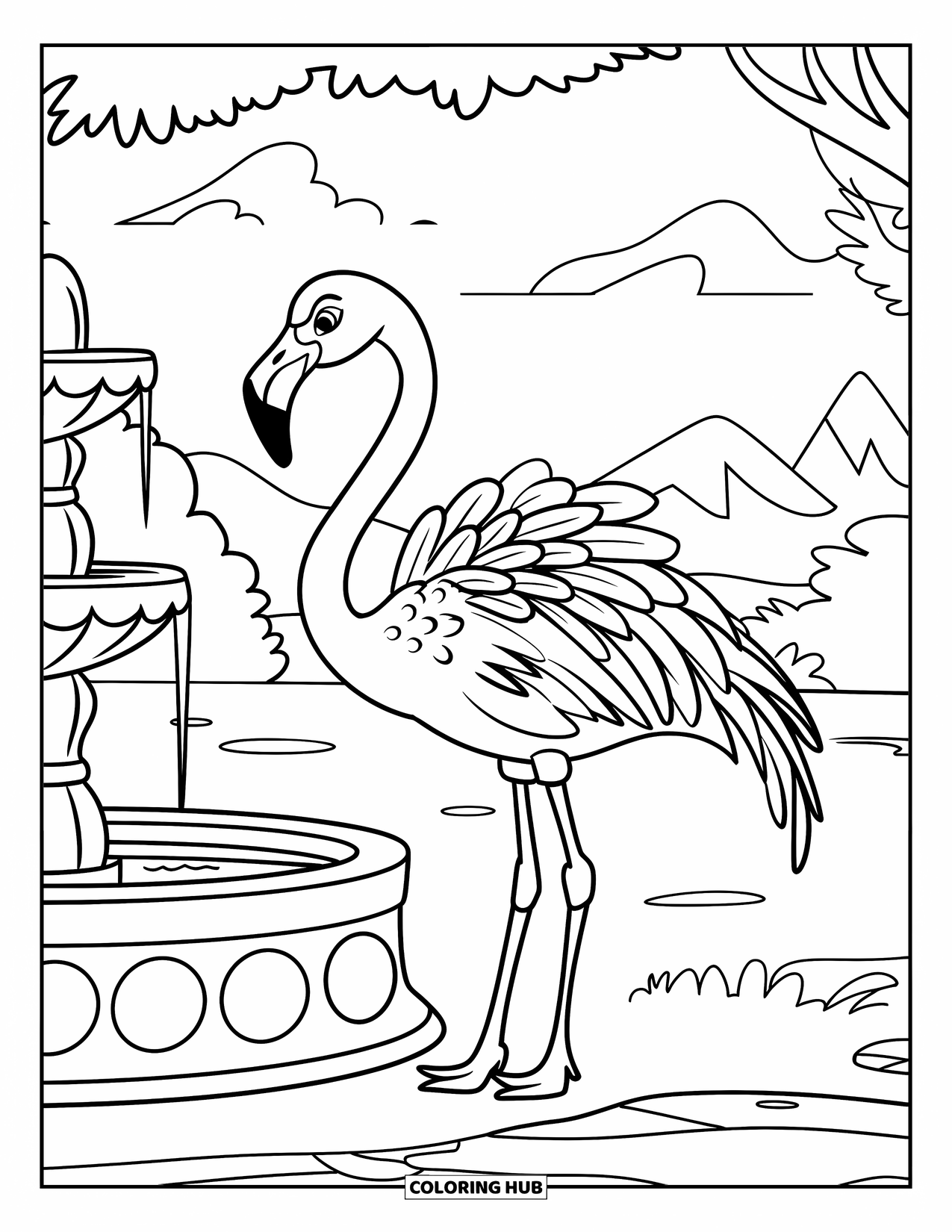 Desenho de flamingo para colorir para crianças: Um flamingo está perto de uma fonte de pedra em uma paisagem serena