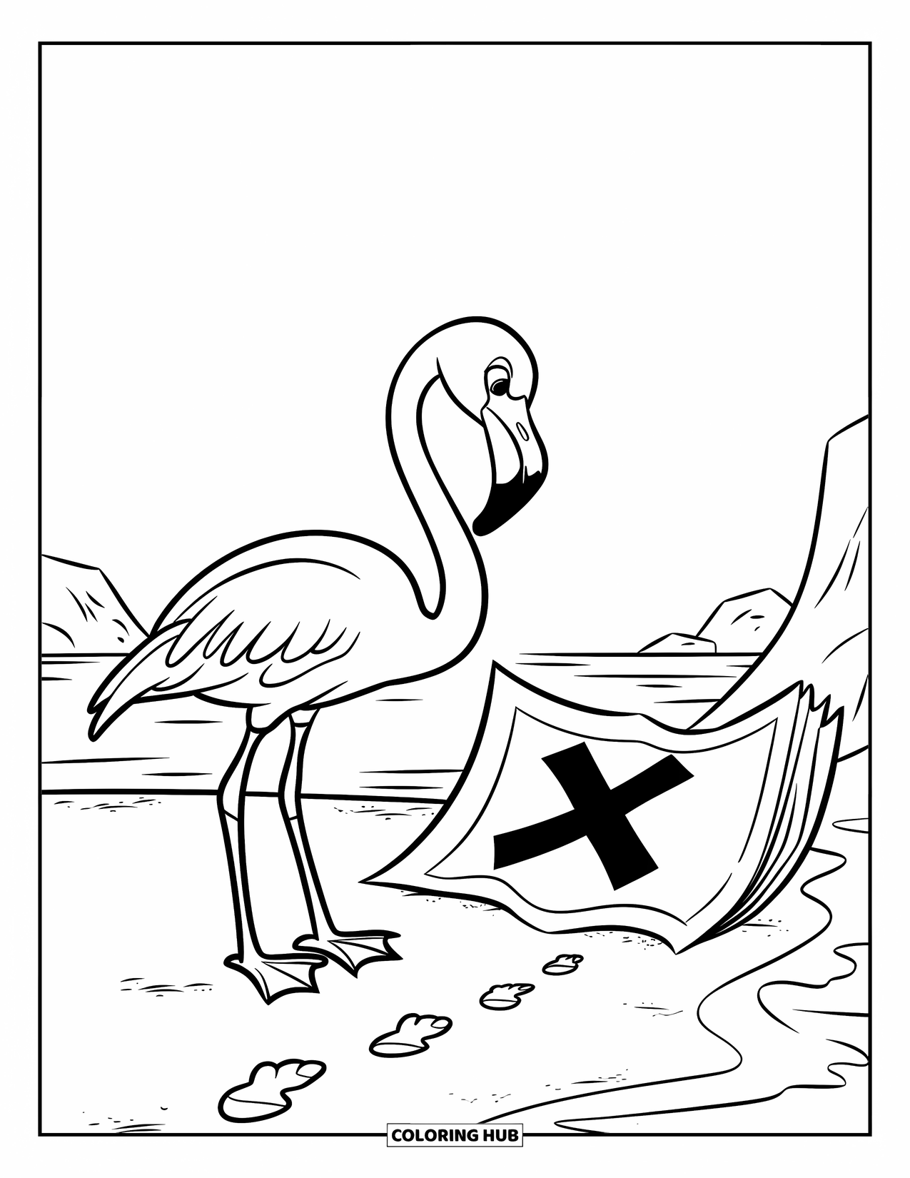 Desenho de flamingo para colorir para crianças: Um flamingo está perto de um mapa do tesouro em uma praia arenosa com rochas