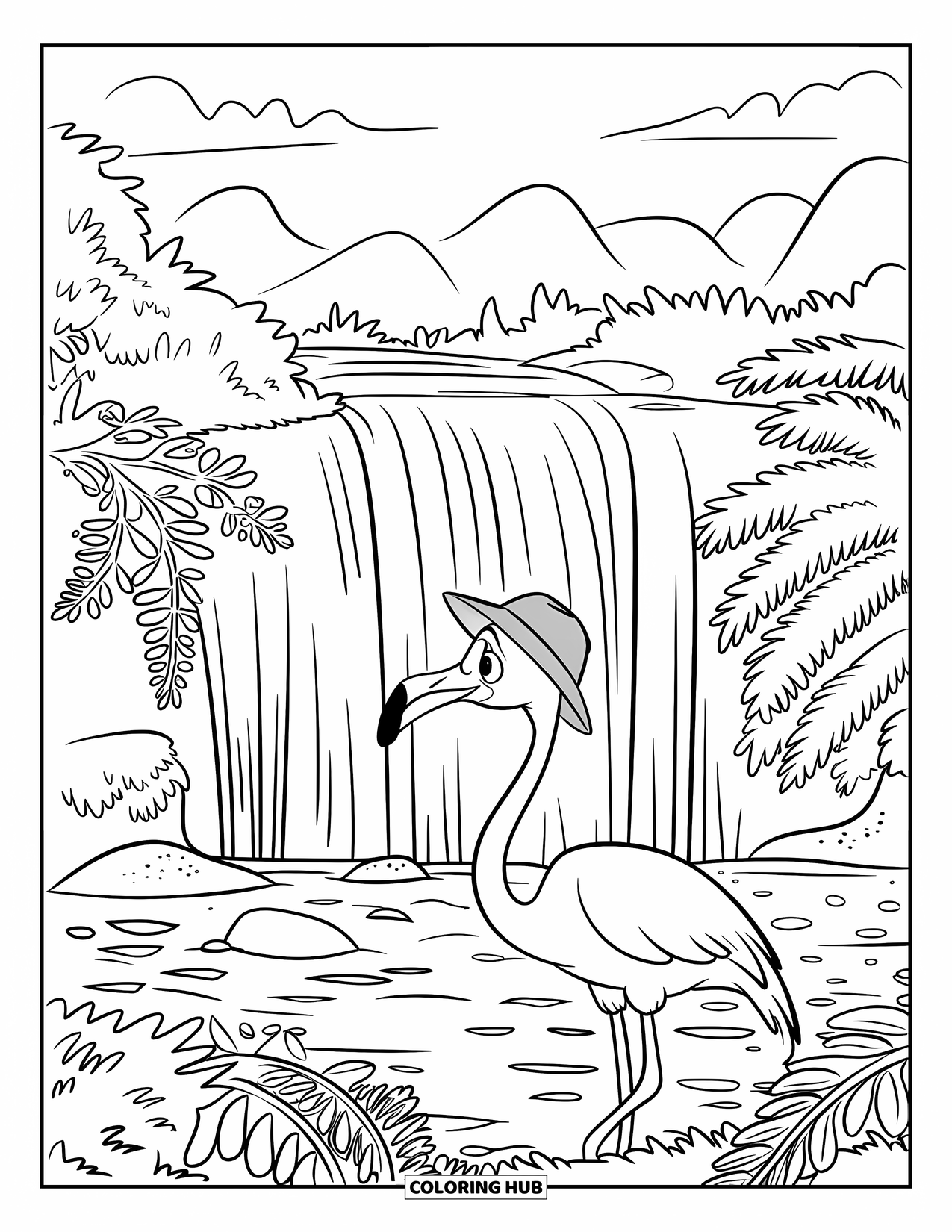 Desenho de flamingo para colorir para crianças: Um flamingo está perto de uma cachoeira com samambaias e uma vista serena da montanha