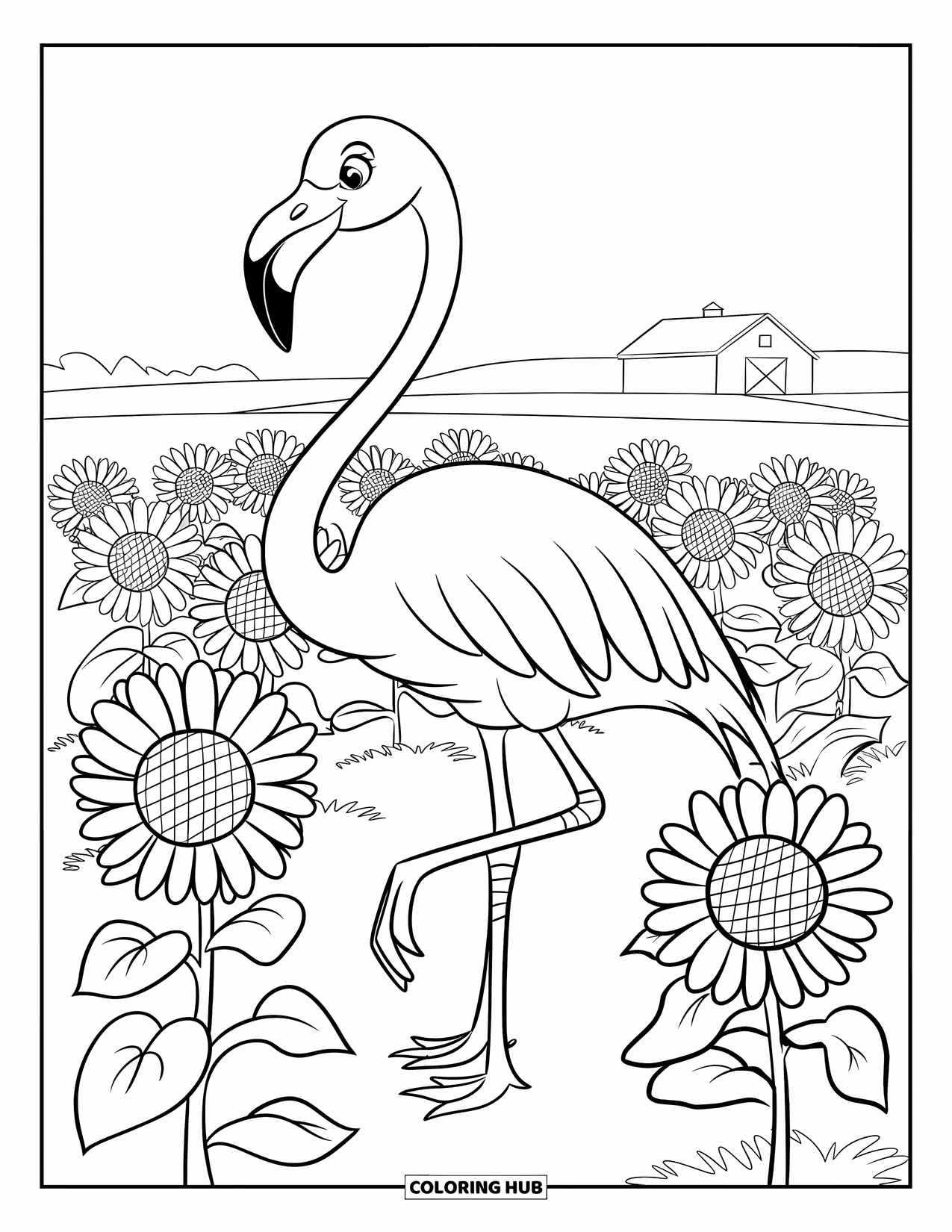 Desenho de flamingo para colorir para crianças: Um flamingo está em um campo de girassóis com um celeiro distante