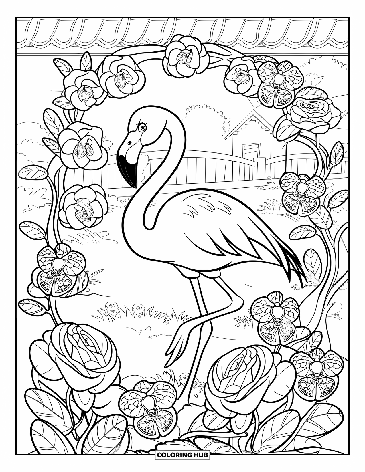 Desenho de flamingo para colorir para crianças: Um flamingo está em um jardim com rosas, orquídeas e uma ponte