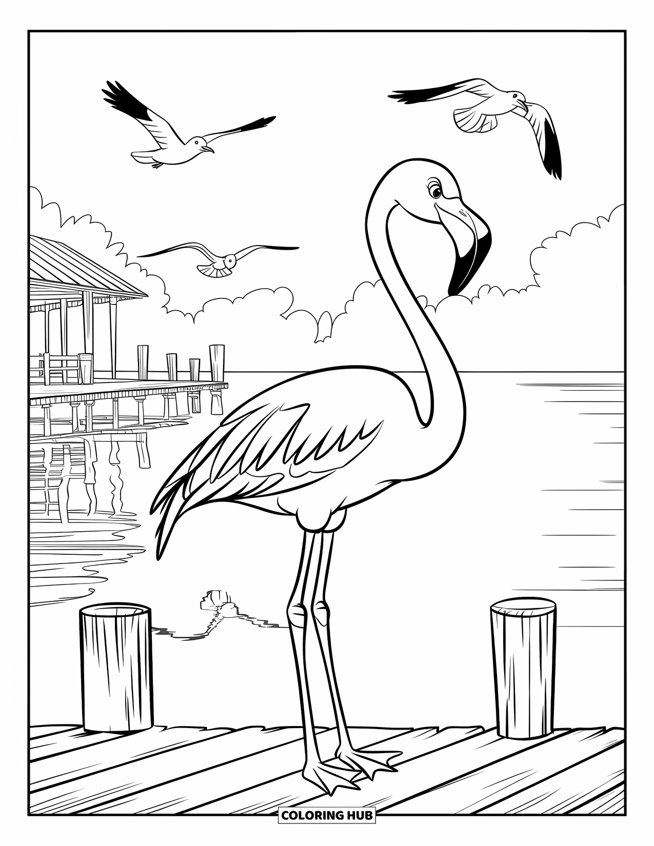 Desenho de flamingo para colorir para crianças: Um flamingo está em um píer com vista para um lago calmo com gaivotas