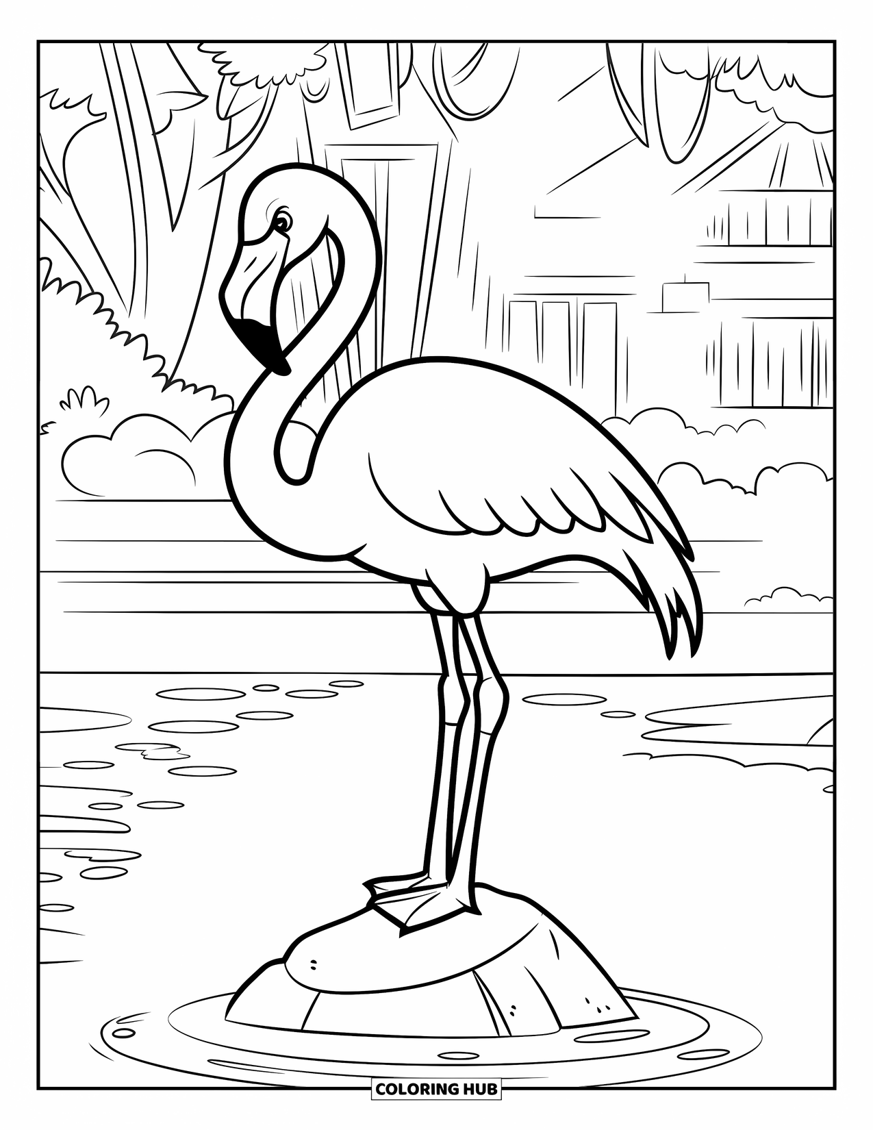 Desenho de flamingo para colorir para crianças: Um flamingo está em uma pedra em um lago calmo com árvores ao fundo