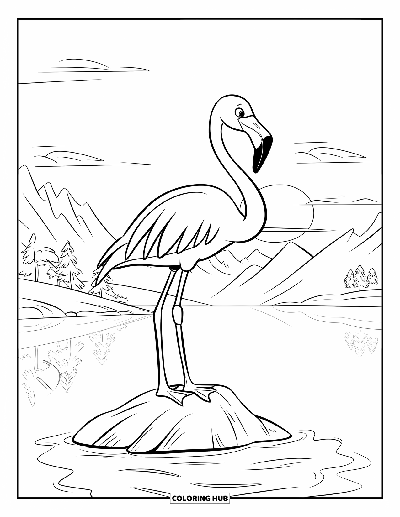 Desenho de flamingo para colorir para crianças: Um flamingo está em uma pedra em um lago observando o pôr do sol com árvores por perto