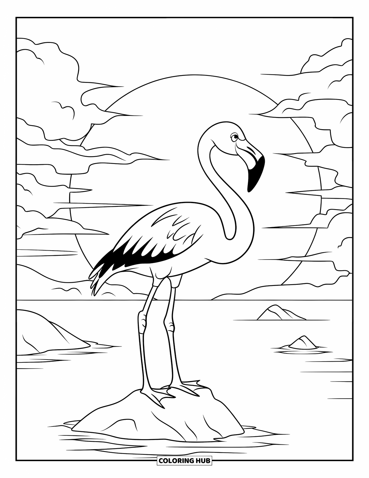 Desenho de flamingo para colorir para crianças: Um flamingo está em uma pedra em um lago com um pôr do sol e pequenas ilhas