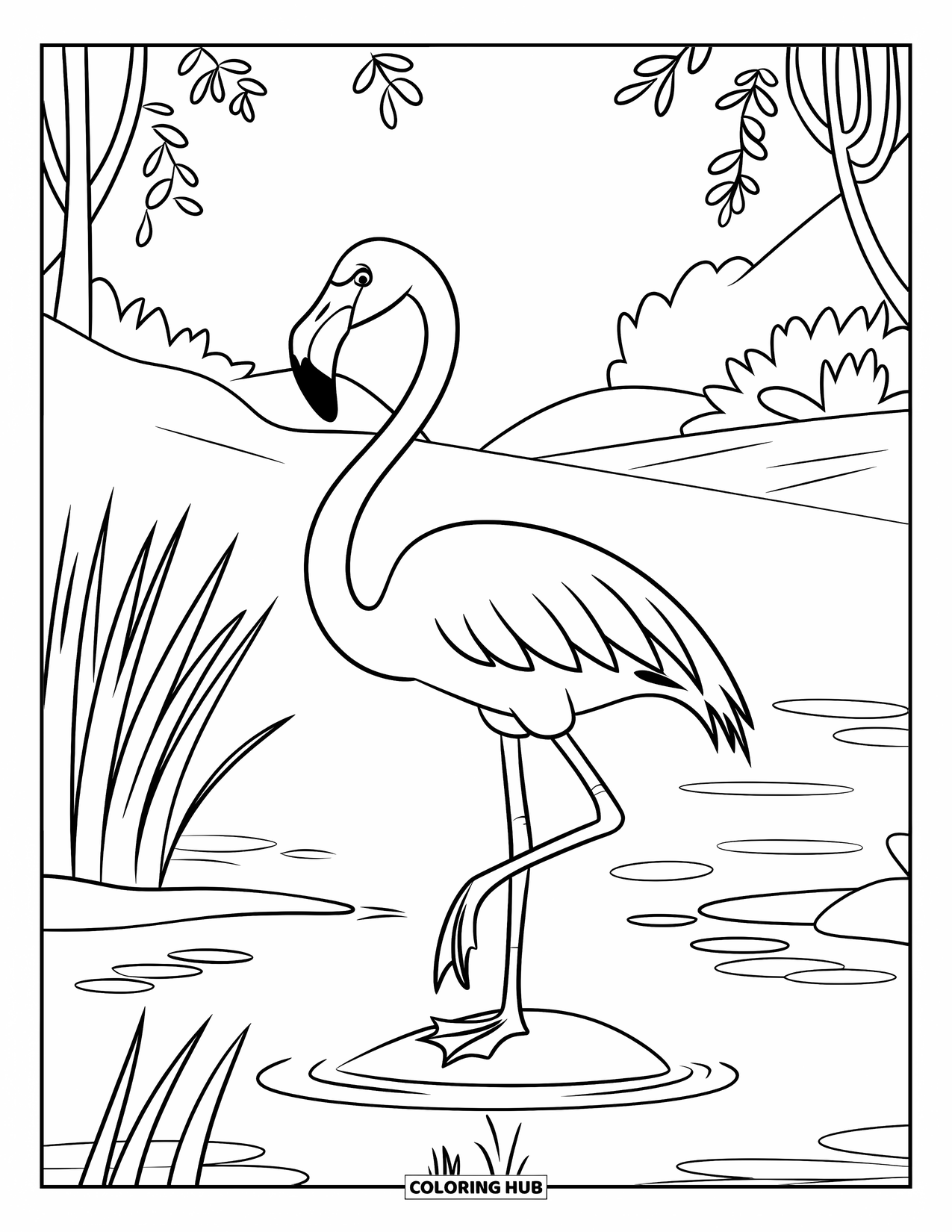 Desenho de flamingo para colorir para crianças: Um flamingo está em uma pedra em um lago cercado por plantas verdes exuberantes
