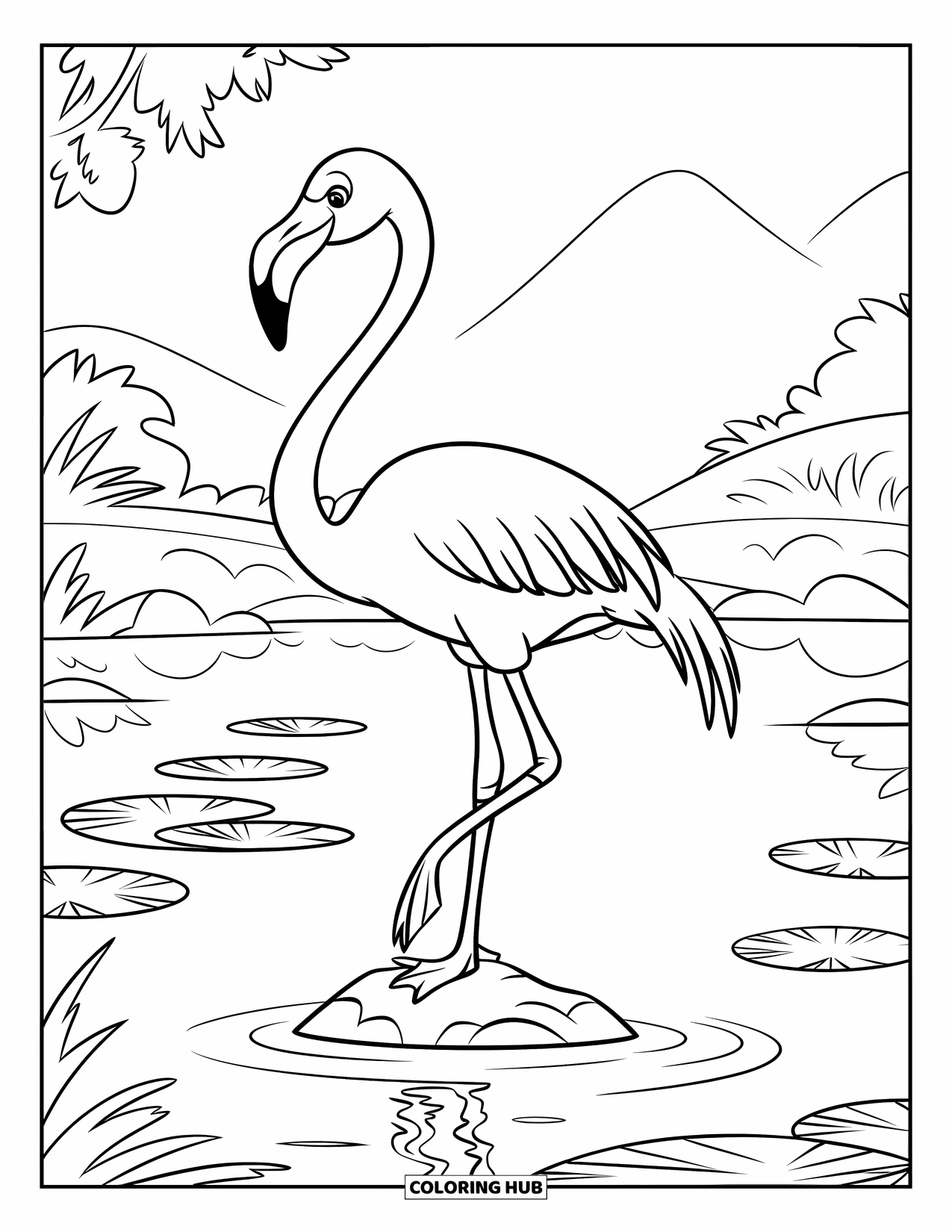 Desenho de flamingo para colorir para crianças: Um flamingo está em uma pedra em um lago com nenúfares e árvores por perto