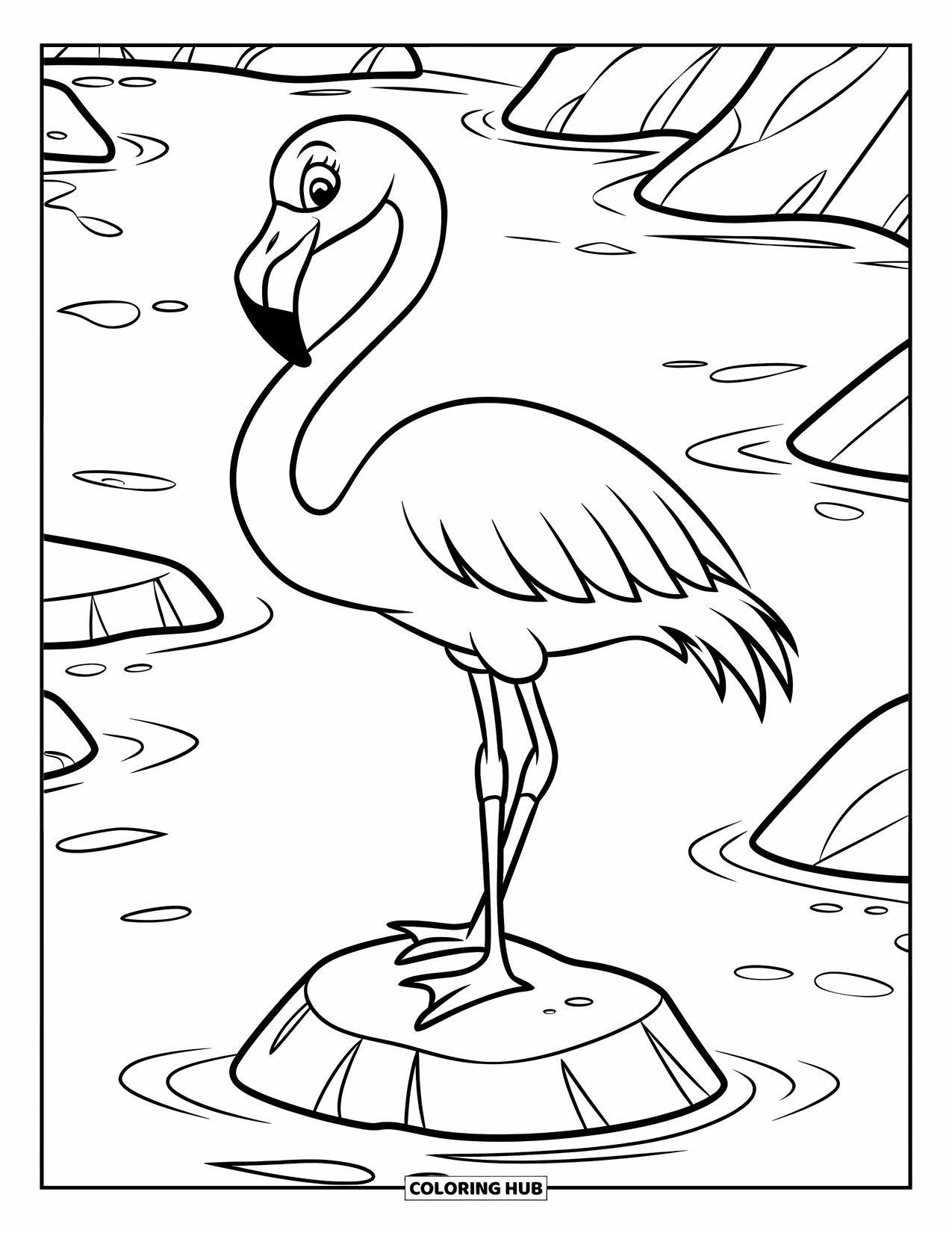 Desenho de flamingo para colorir para crianças: Um flamingo está em uma pedra em um lago com ondulações e cenário simples