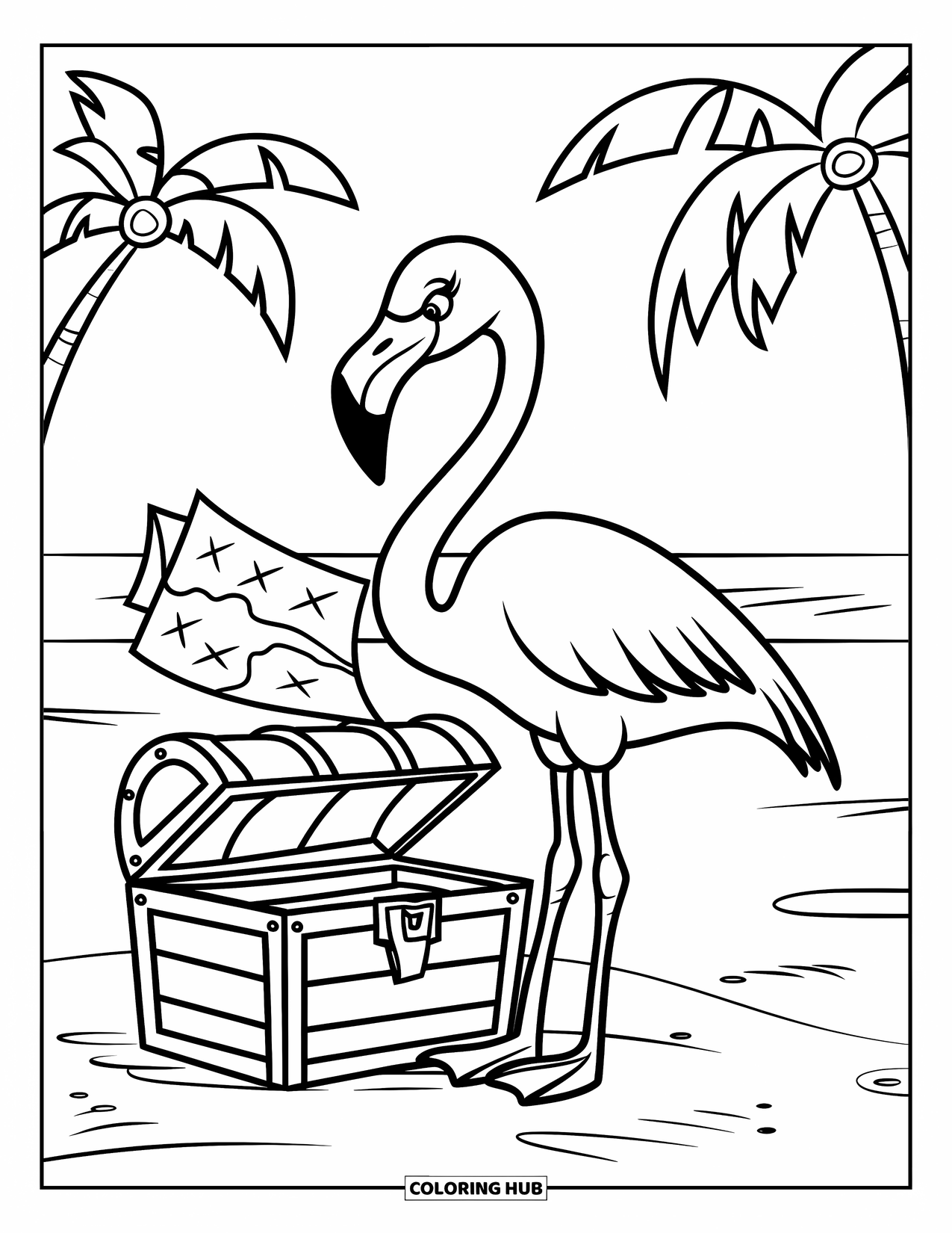 Desenho de flamingo para colorir para crianças: Um flamingo está em um baú de tesouro ao lado de um mapa com palmeiras