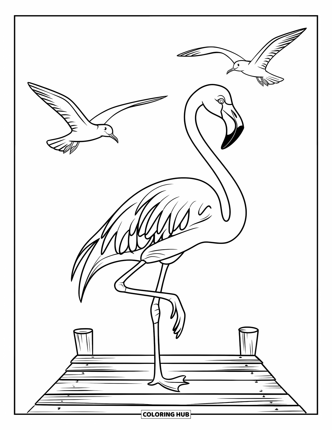 Desenho de flamingo para colorir para crianças: Um flamingo está em um píer de madeira com gaivotas e águas calmas