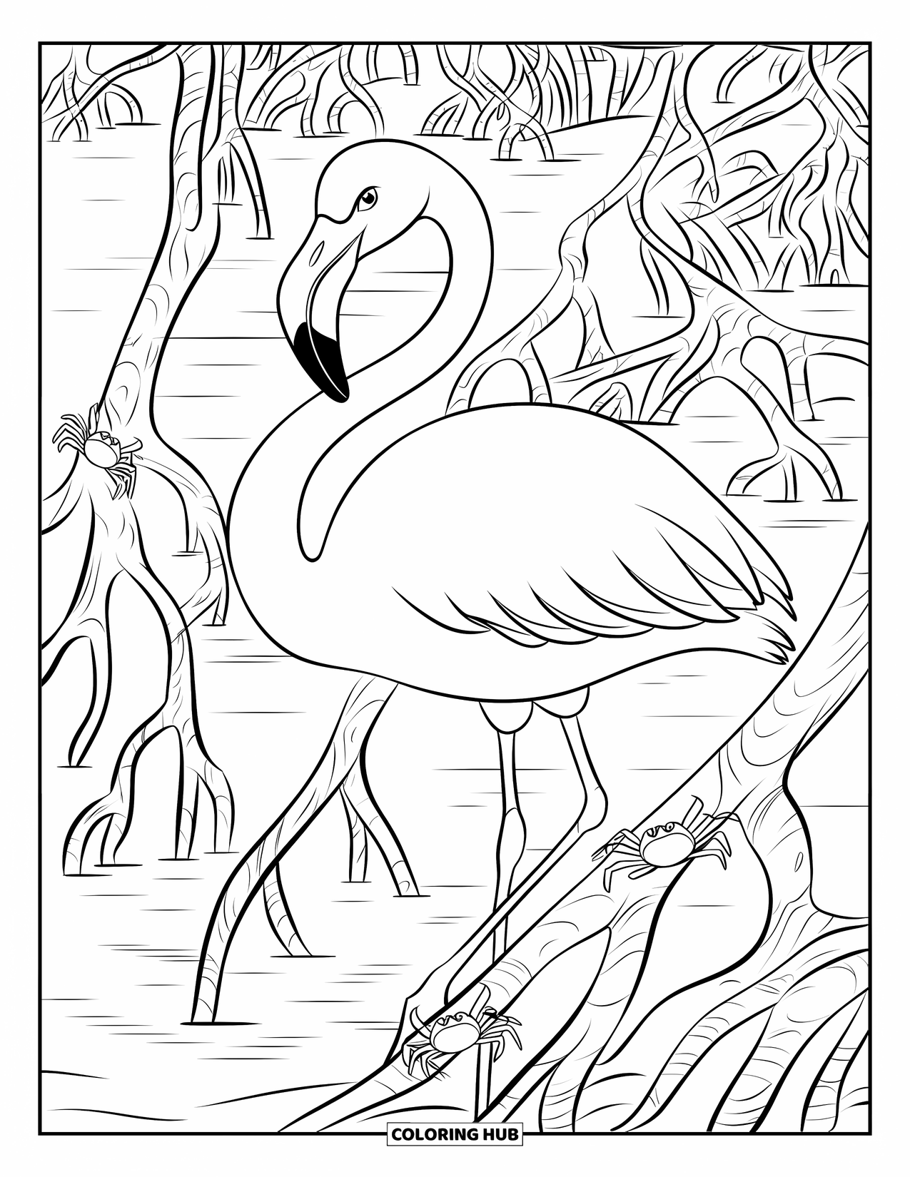 Desenho de flamingo para colorir para crianças: Um flamingo está em raízes de mangue com caranguejos perto de água calma